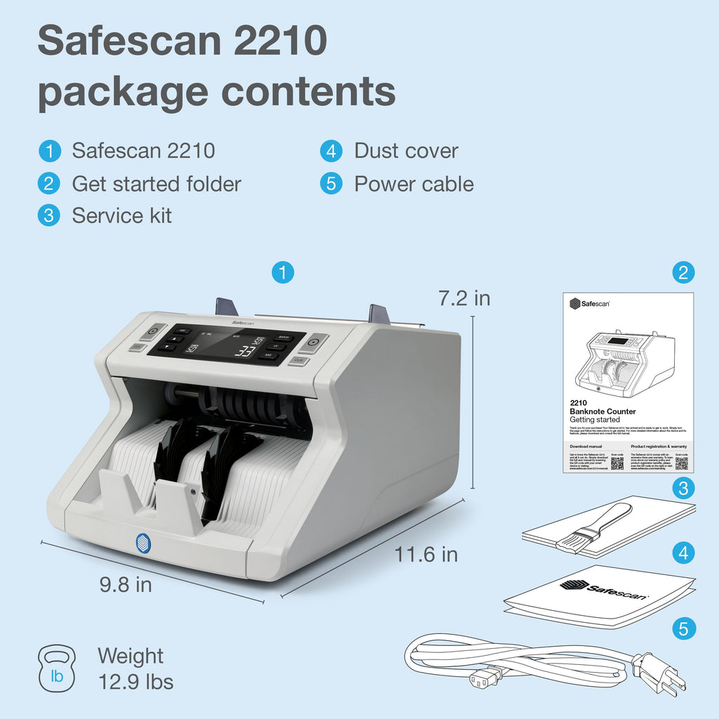 Safescan 2210 Money Counter Machine with Counterfeit Detection, Multi-Currencies, Add/Batch Modes, LCD-Display, High-Speed Counts and Sorts 1,000 Bills per Minute, 2 Point Counterfeit Check