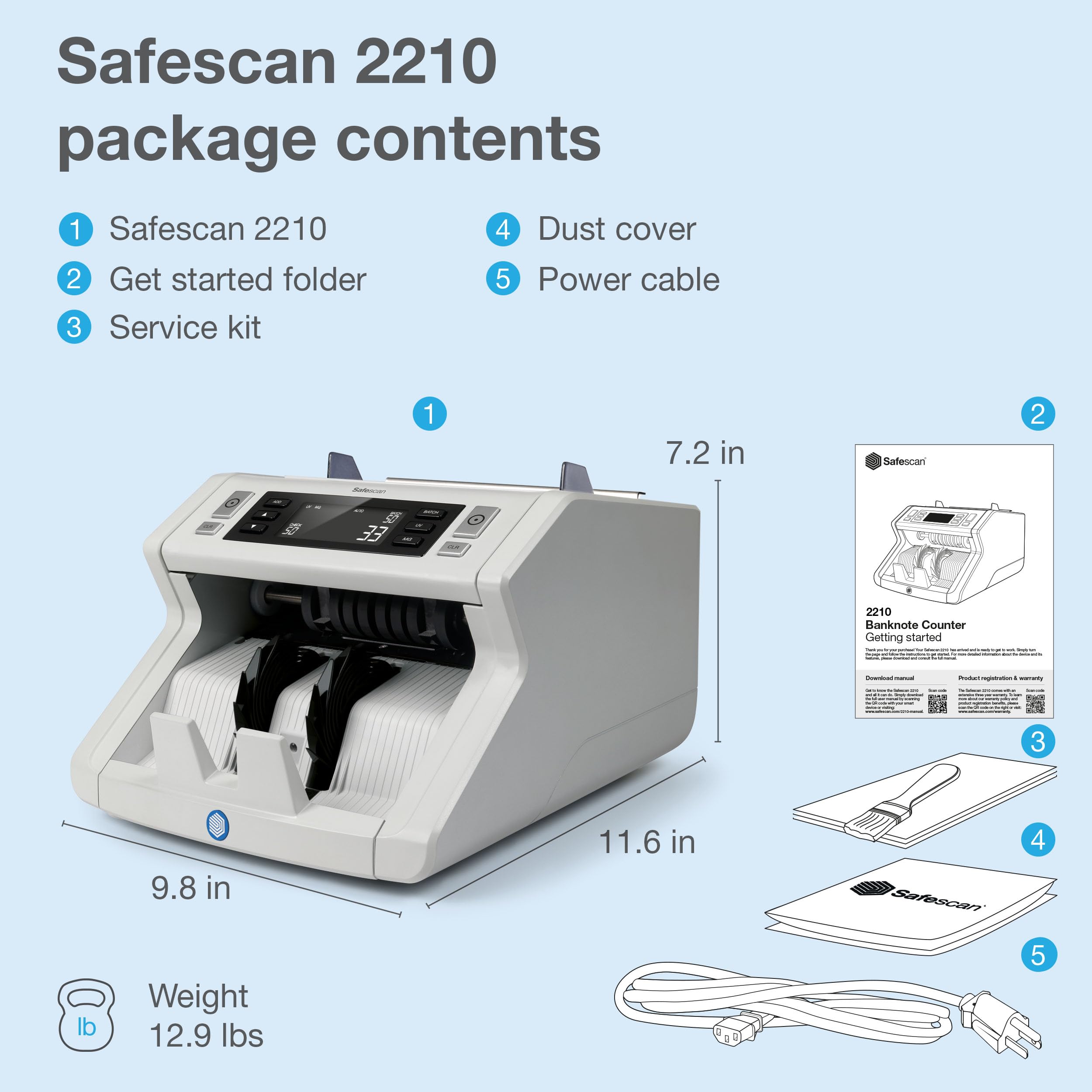 Safescan 2210 Money Counter Machine with Counterfeit Detection, Multi-Currencies, Add/Batch Modes, LCD-Display, High-Speed Counts and Sorts 1,000 Bills per Minute, 2 Point Counterfeit Check