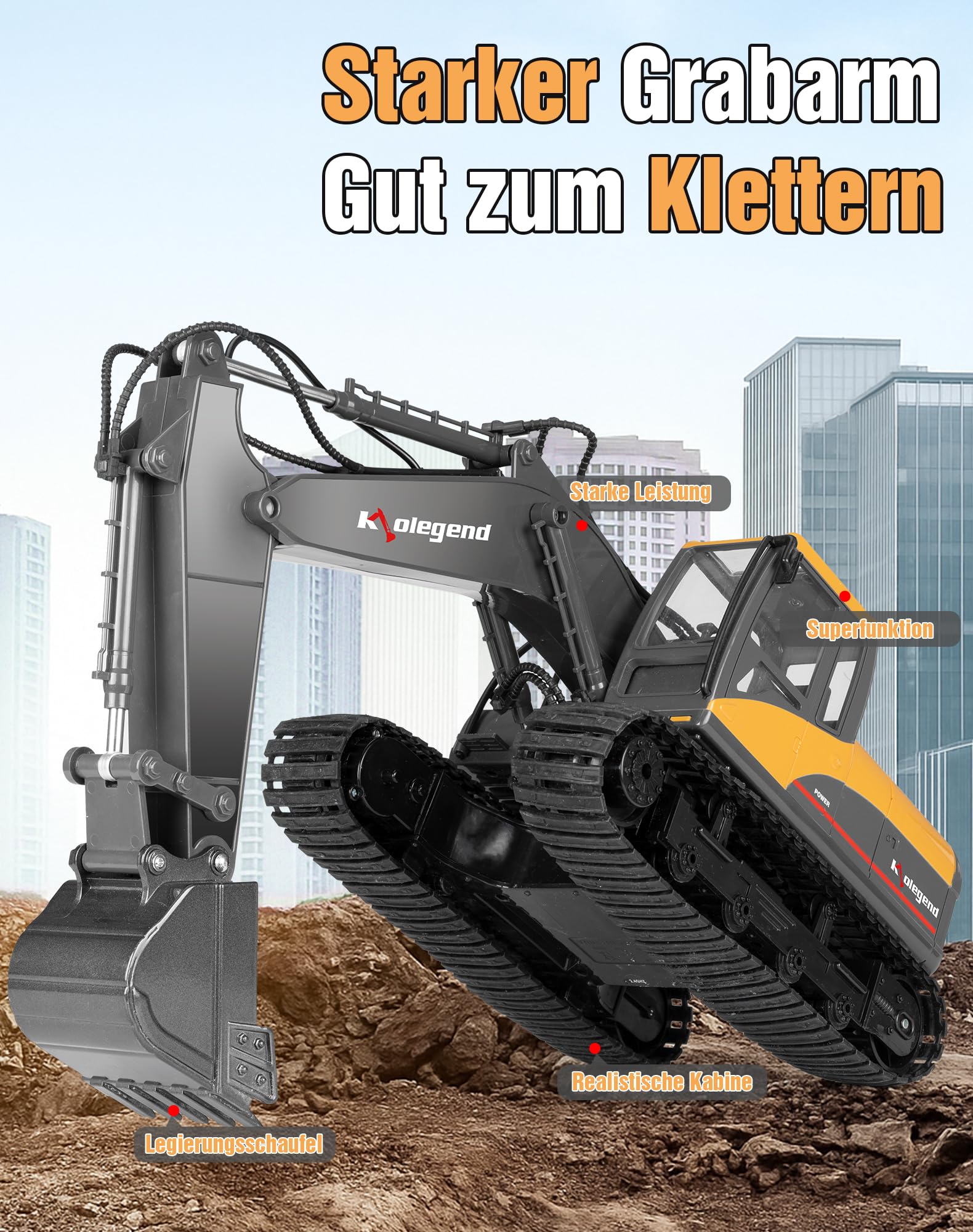 kolegend 3 in 1 Remote Control Excavator Toy 1/14 Scale RC Excavator, 15 Channel Upgrade Full Functional Construction Vehicles with Tools Metal Breaker and Electric Gripper(Yellow/Black)