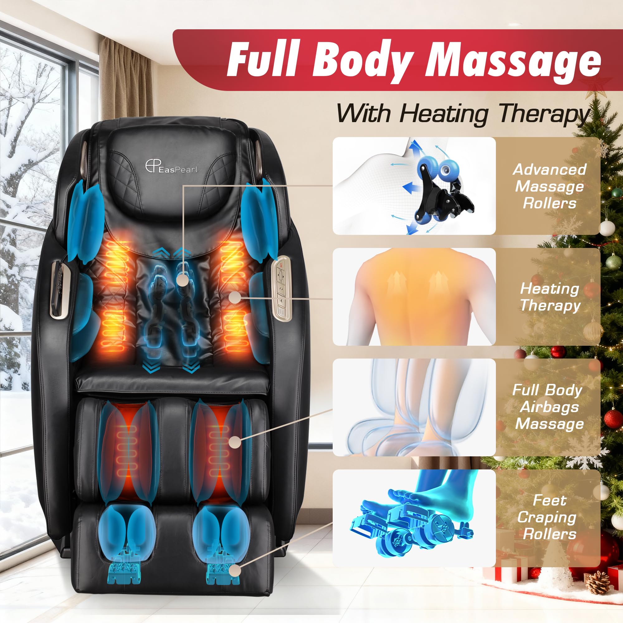 EASPEARL Massage Chair Full Body,53.15in SL-Track,Zero Gravity Massage Chair with Heat, Auto Footrest,OTA Upgraded 24 Auto Modes,LCD Screen,36 Airbags, Bluetooth&APP Control, Shiatsu&Thai Stretch