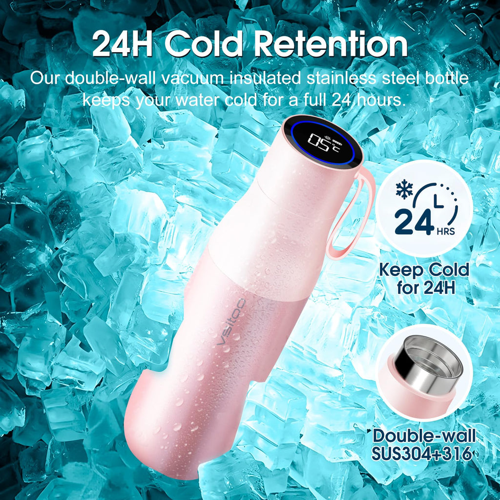 VSITOO 15oz Mini Smart Water Bottle，Self-Cleaning Insulated Bottle, Small Thermoses with AI, App & Touchscreen, Perfect Purse Water Bottle for Travel, Gym & Office, Pink
