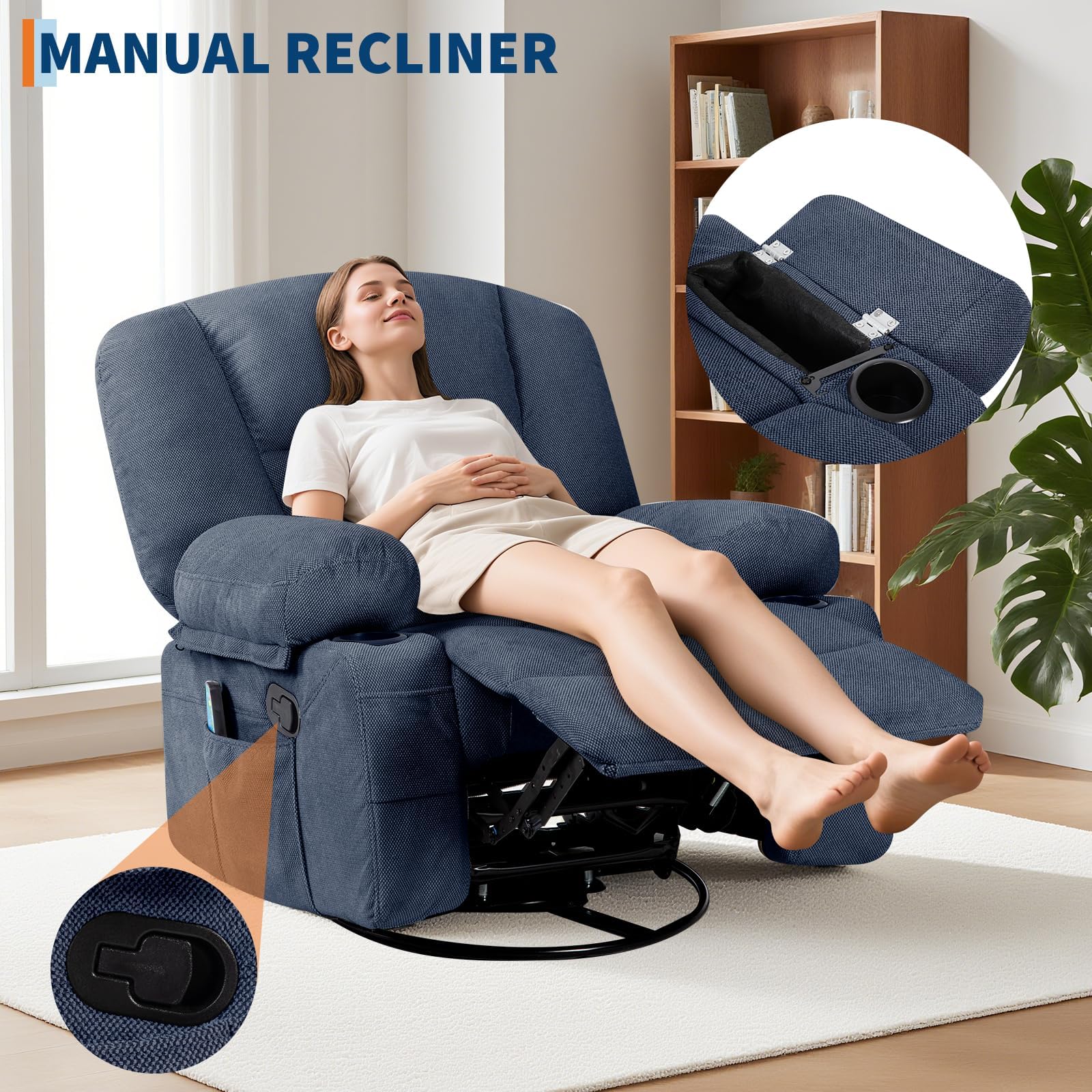 Oversized Wide Recliner Chair with Vibration Massage and Heat, 360° Swivel Recliner Glider for Adults,Chenille Fabric Manual Reclining Single Sofa with Cup Holders & Side Pockets for Living Room,White