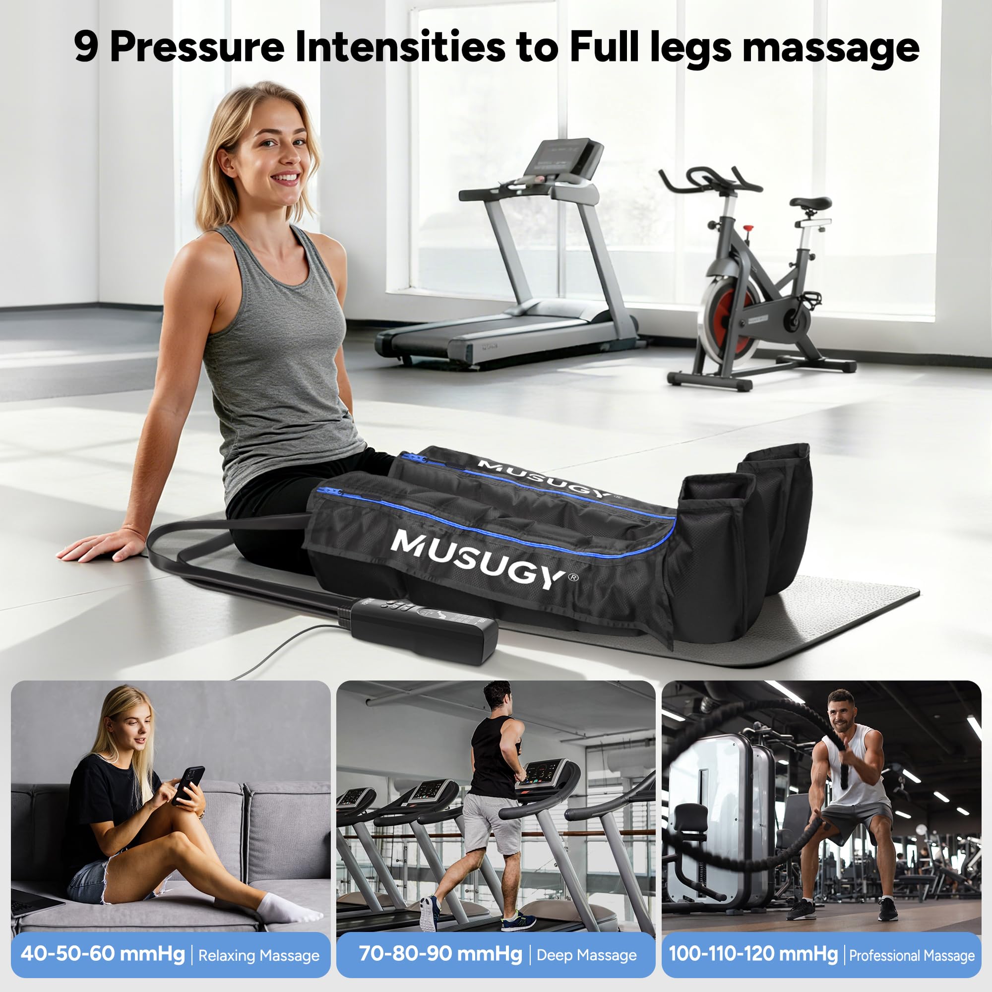 Sequential Leg Compression Massager for Circulation : Full Leg Air Compression Boots for Massage Therapy & Fatigue Relief - 9 Intensity, 6 Modes, 3 Timers for Athletes, Runners, Gym (Large)