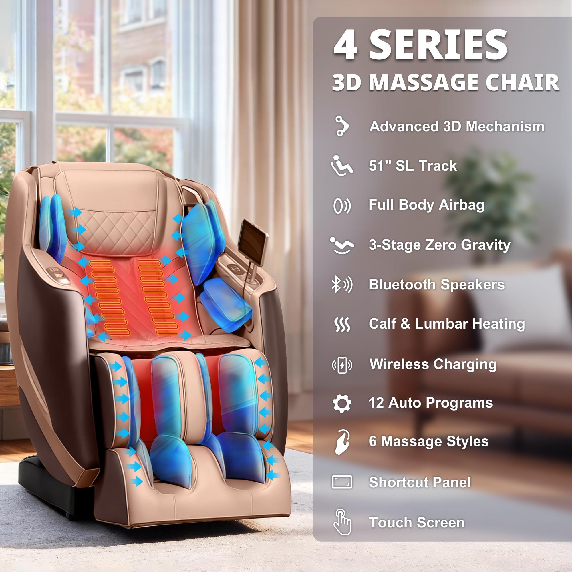 Mazzup Massage Chair, 3D Massage Chair Full Body, Zero Gravity Shiatsu Recliner W/Heating, SL Track, Wireless Charger, Bluetooth Speaker, Foot Rollers, 12 Auto Modes Air Compression