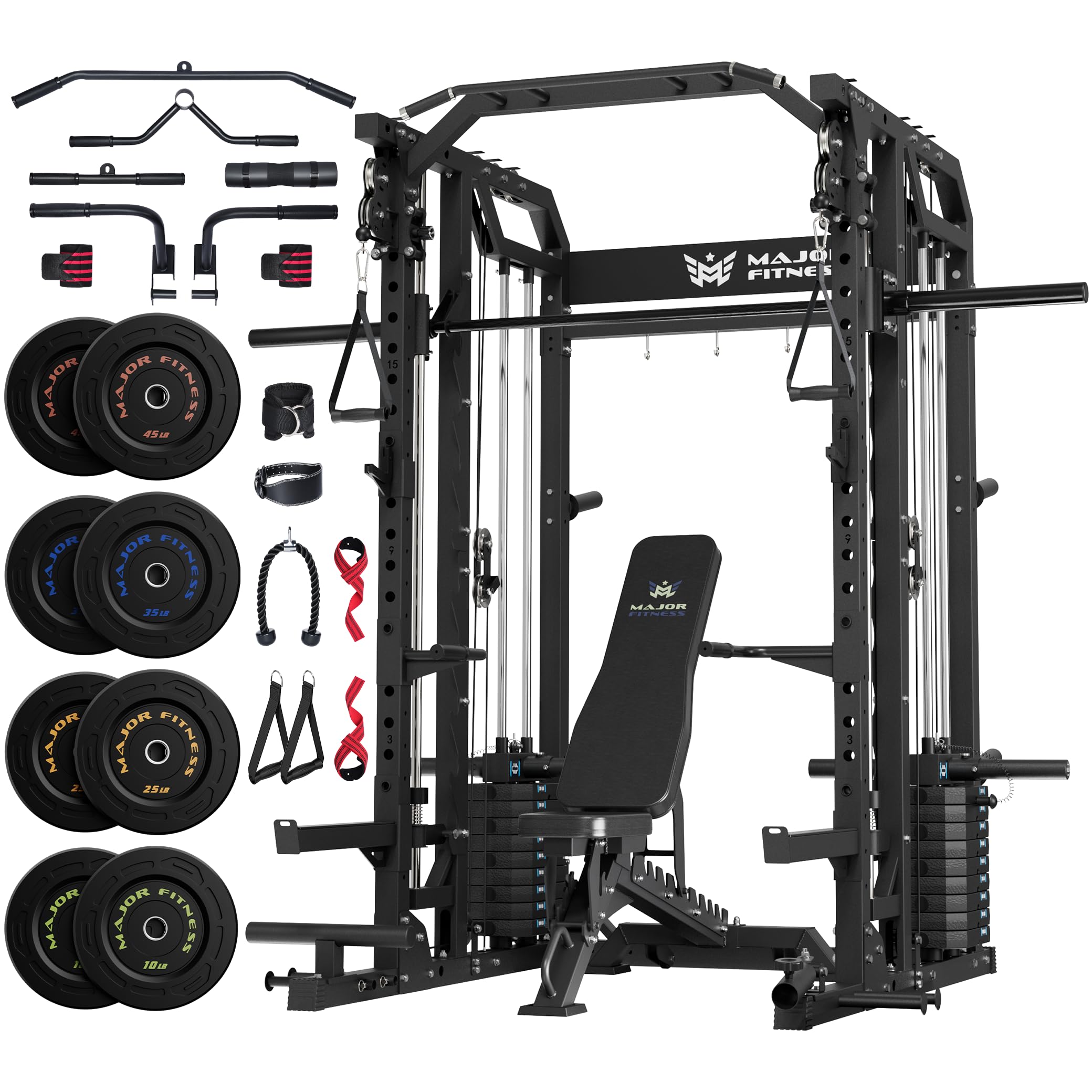 Major Fitness Drone2 Advanced Training Smith Machines– All-in-One Home Gym Squat Rack with Aluminum Pulley Set , Weight Bar, Dual LAT Pull-Down Systems & Cable Crossover Machine for Full-Body Workouts