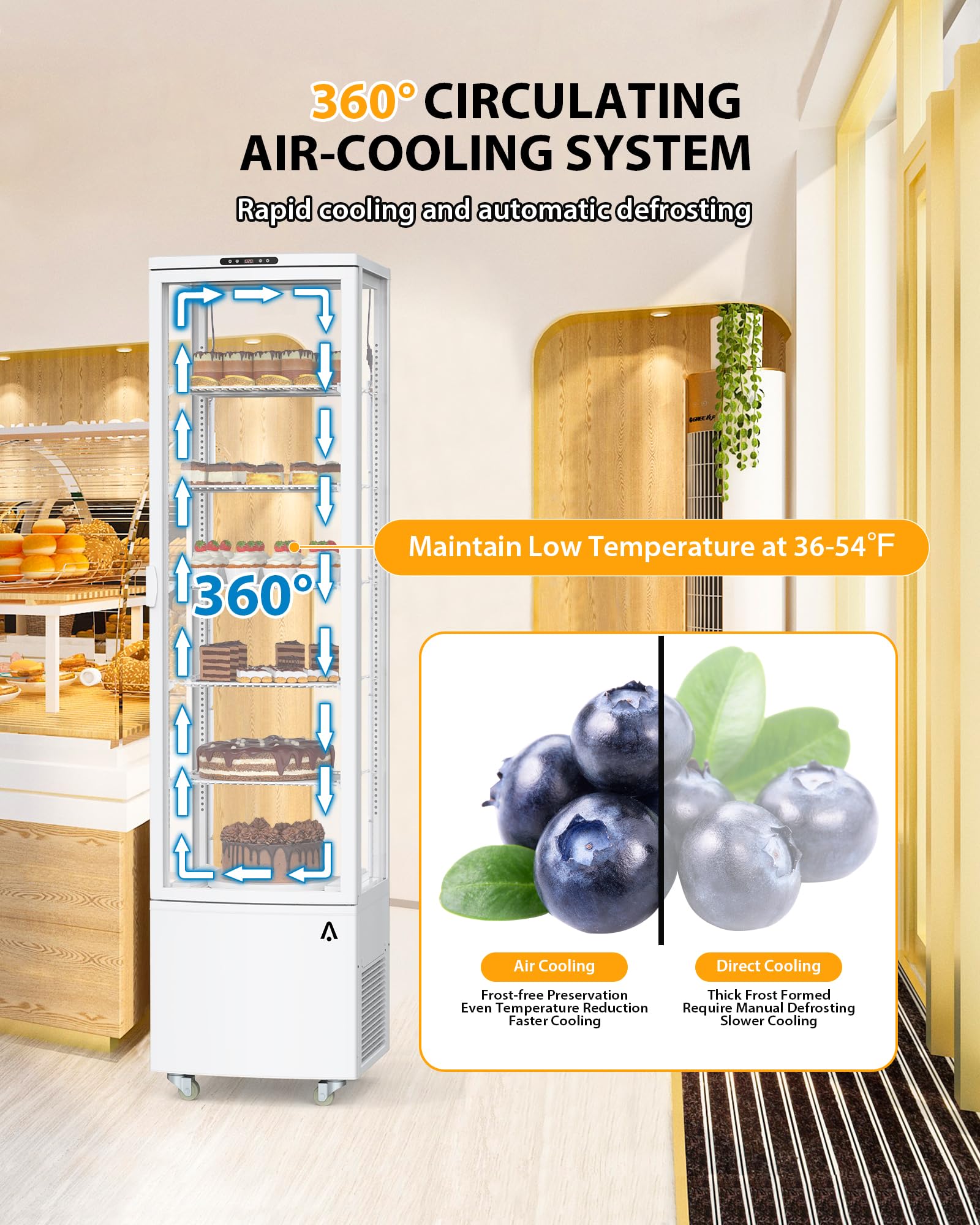 Commercial Display Refrigerator, 3.5 cu. ft./98 Liter Countertop Refrigerated Cake Display Cabinet, Refrigerator with Adjustable Shelves and Digital Controls, LED Display, For Cafes, Bakeries, White