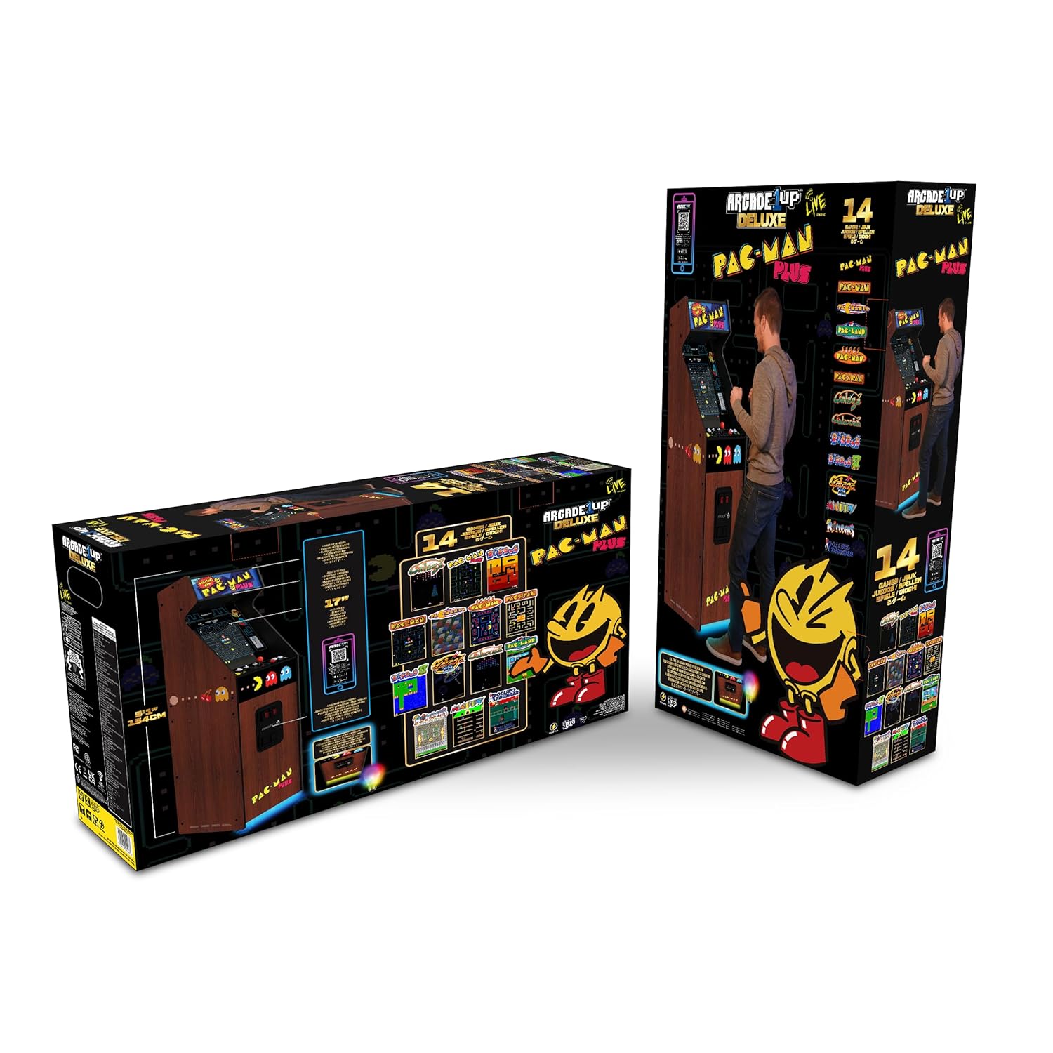 Arcade1Up PAC-Man Plus Deluxe Arcade Machine - 14 Classic Games, Retro Game Console for Home, 5’ Tall Cabinet with 17-Inch Screen, Stand Up Video Game for Game Room