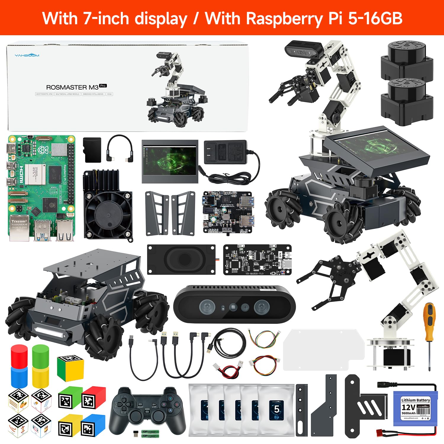 Yahboom ROS2 Robot Kit with Jetson Orin Nano 8GB Super Large AI Model with 6DOF Robotic Arm, 7-inch HD Display,AI Voice Interaction Module Provides AI Vision App Control