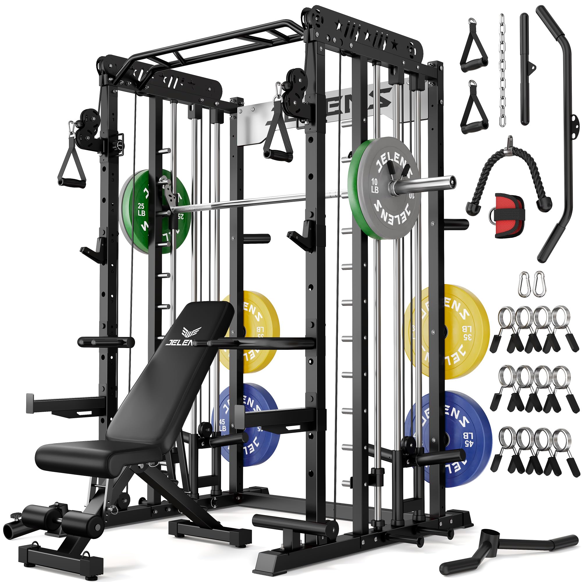 JELENS Smith Machine for Home Gym, Multi-Function M12 Power Cage with Cable Crossover System, Squat Rack with Smith Bar and More Attachment