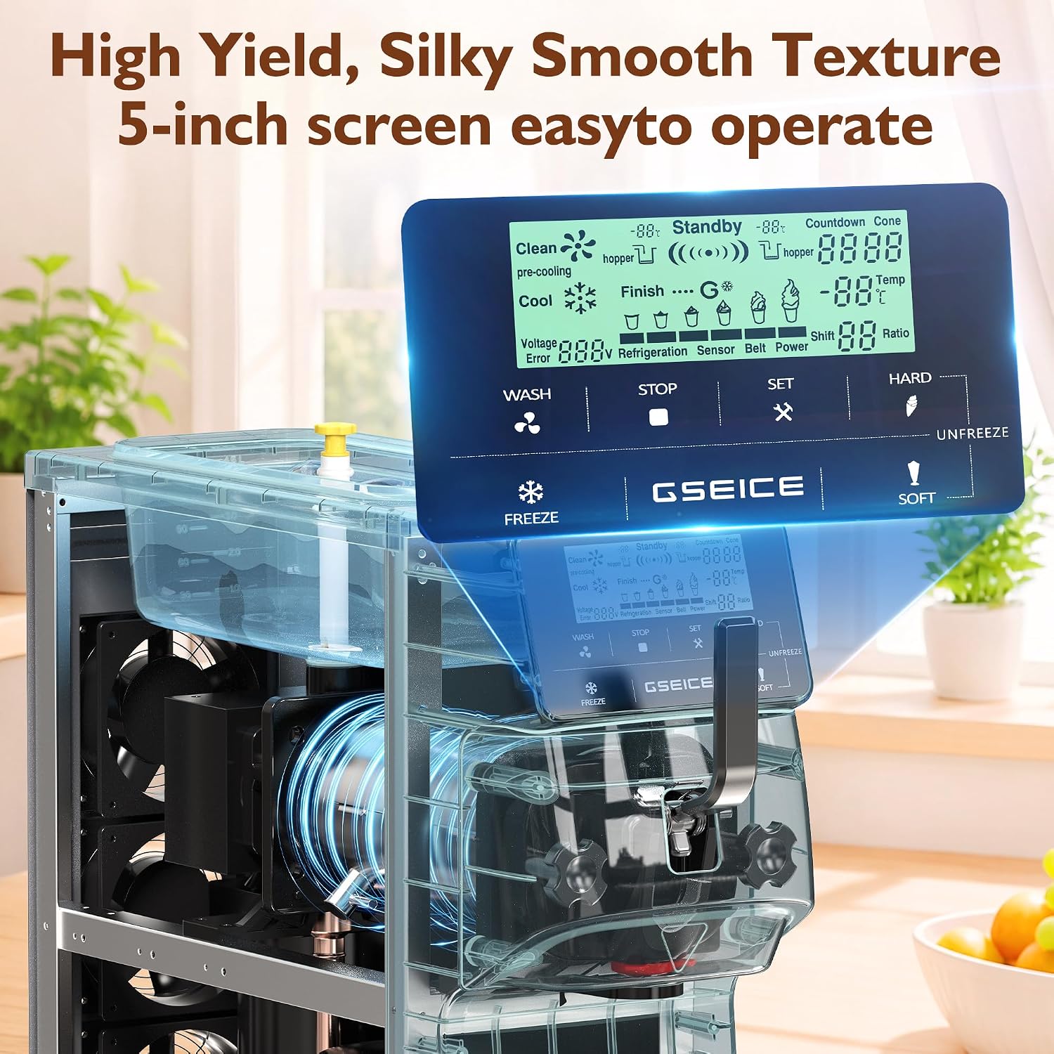 Commercial Soft Serve Ice Cream Maker,3.5 Gal/H 5" Touch Screen, Auto-Clean & Pre-Cool, Stainless 6L Hopper for Café Restaurant