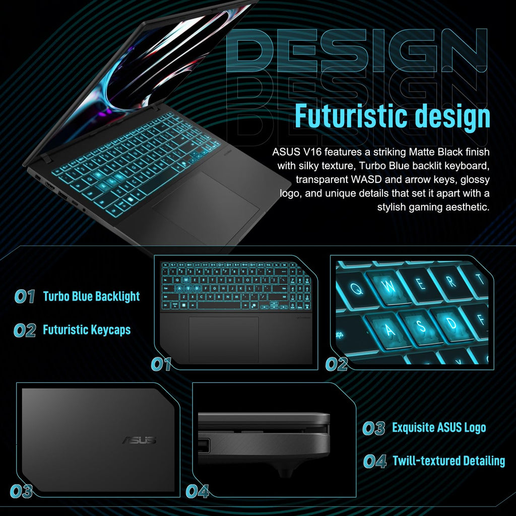 ASUS V16 RTX 5070 Intel Core 7 240H 32GB DDR5 1TB SSD Gaming Laptop | 16" WUXGA 144Hz 16:10 Display, Turbo Blue Backlit KB, Numeric Keypad, HDMI, Windows 11 Home, w/bundle