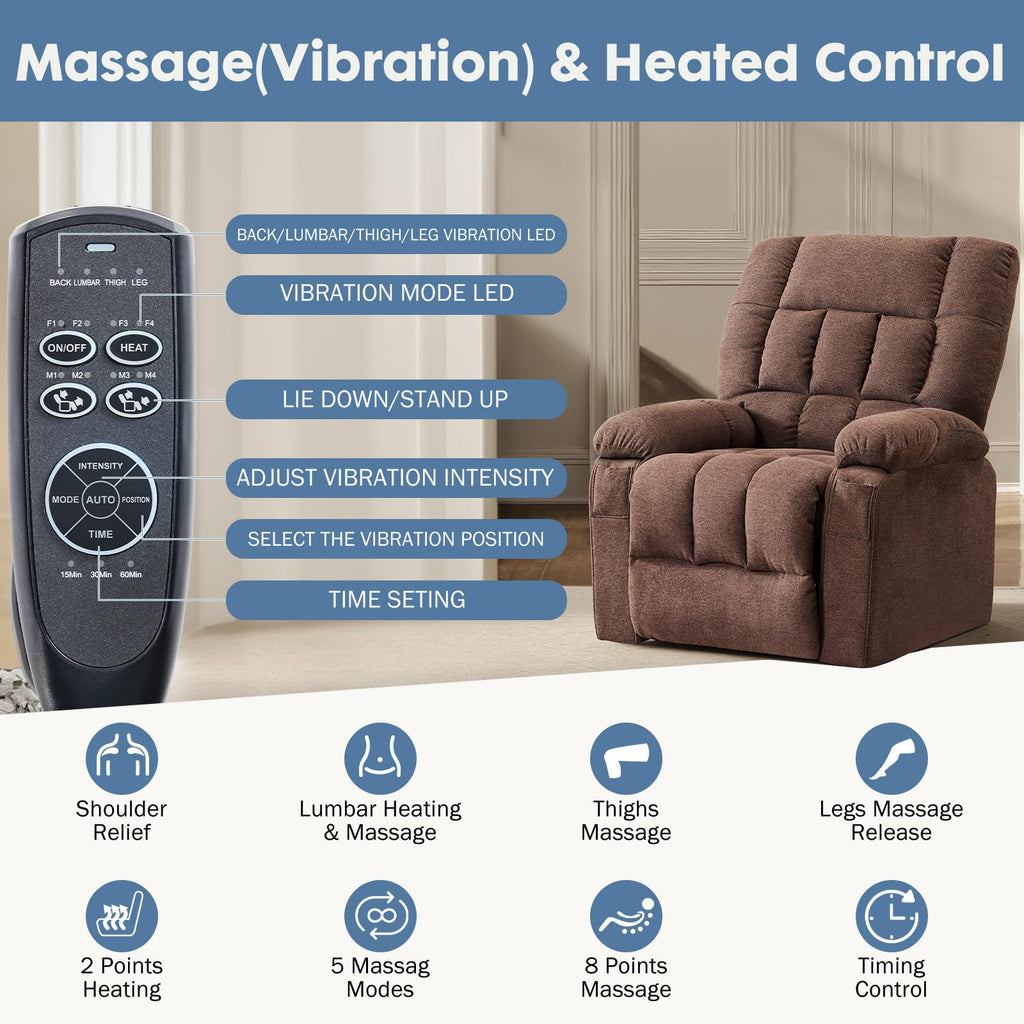 DUMOS Rocker Recliner Chair, Swivel Recliner with Vibration Massage & Lumbar Heating, 270° Rotating Chenille Fabric Recliner with footrest for Living Room & Bedroom, Grey