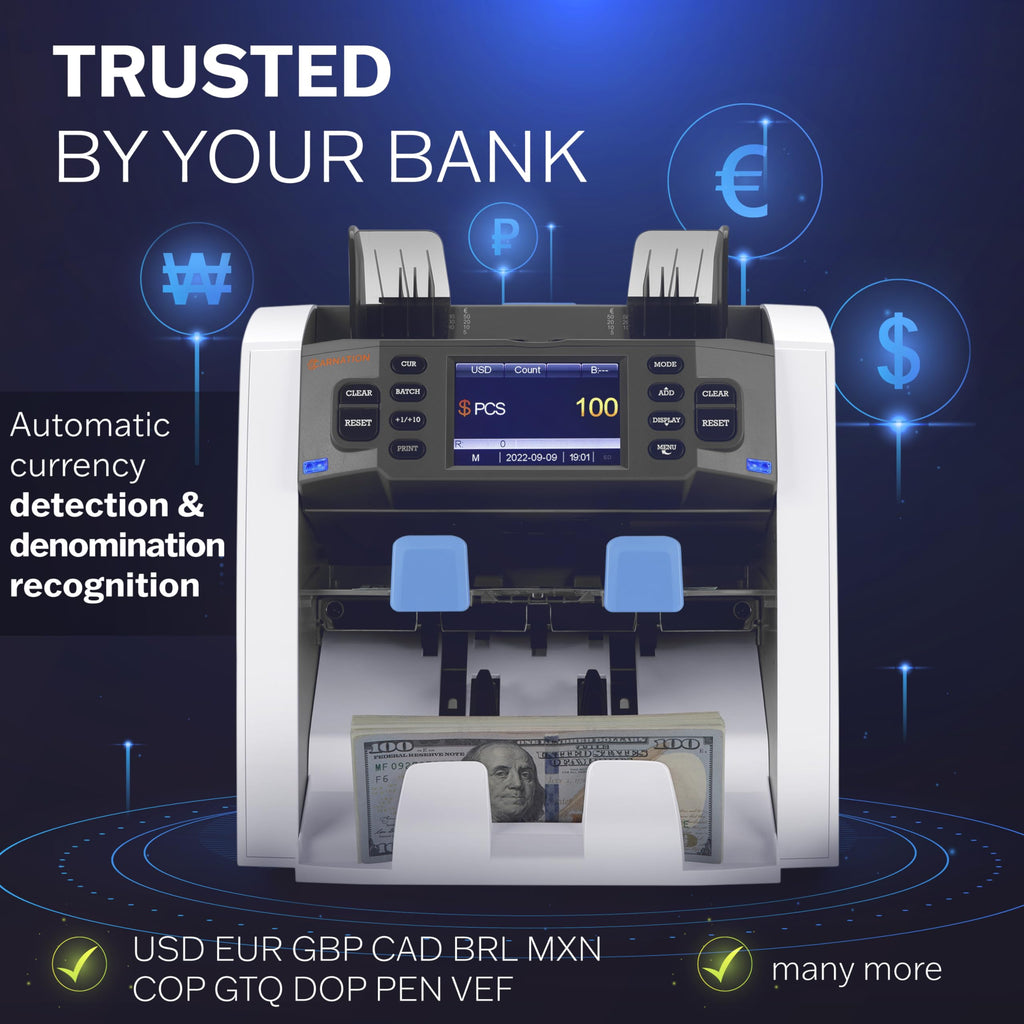 Carnation Money Counter Machine Cash Counting & Mixed Denomination Bill Counter, Portable Currency Detector, Counterfeit Bank Scanner, Dollar Sorter for Commercial, 1100 N/M, UV/MG/MT/IR/2CIS