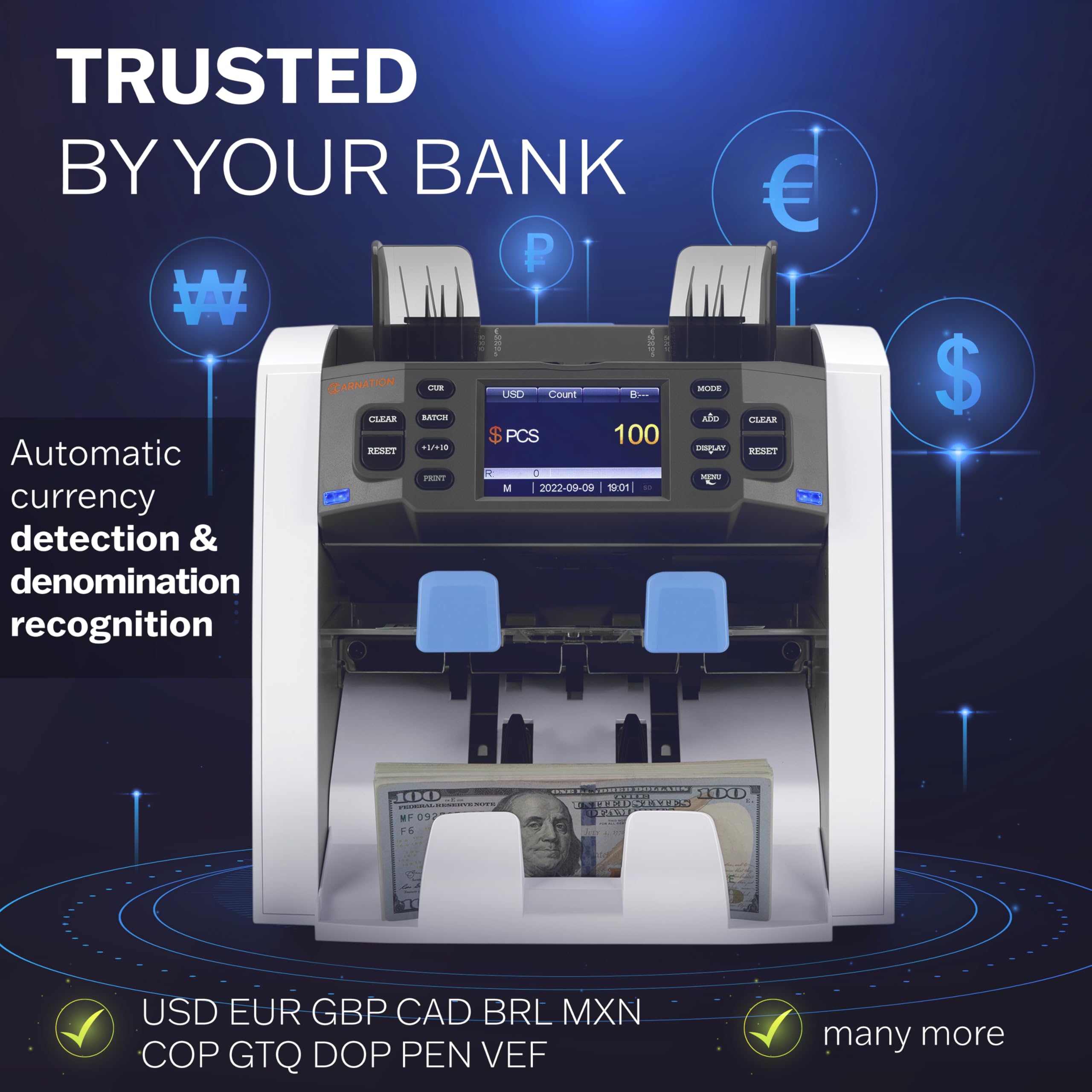 Carnation Money Counter Machine Cash Counting & Mixed Denomination Bill Counter, Portable Currency Detector, Counterfeit Bank Scanner, Dollar Sorter for Commercial, 1100 N/M, UV/MG/MT/IR/2CIS