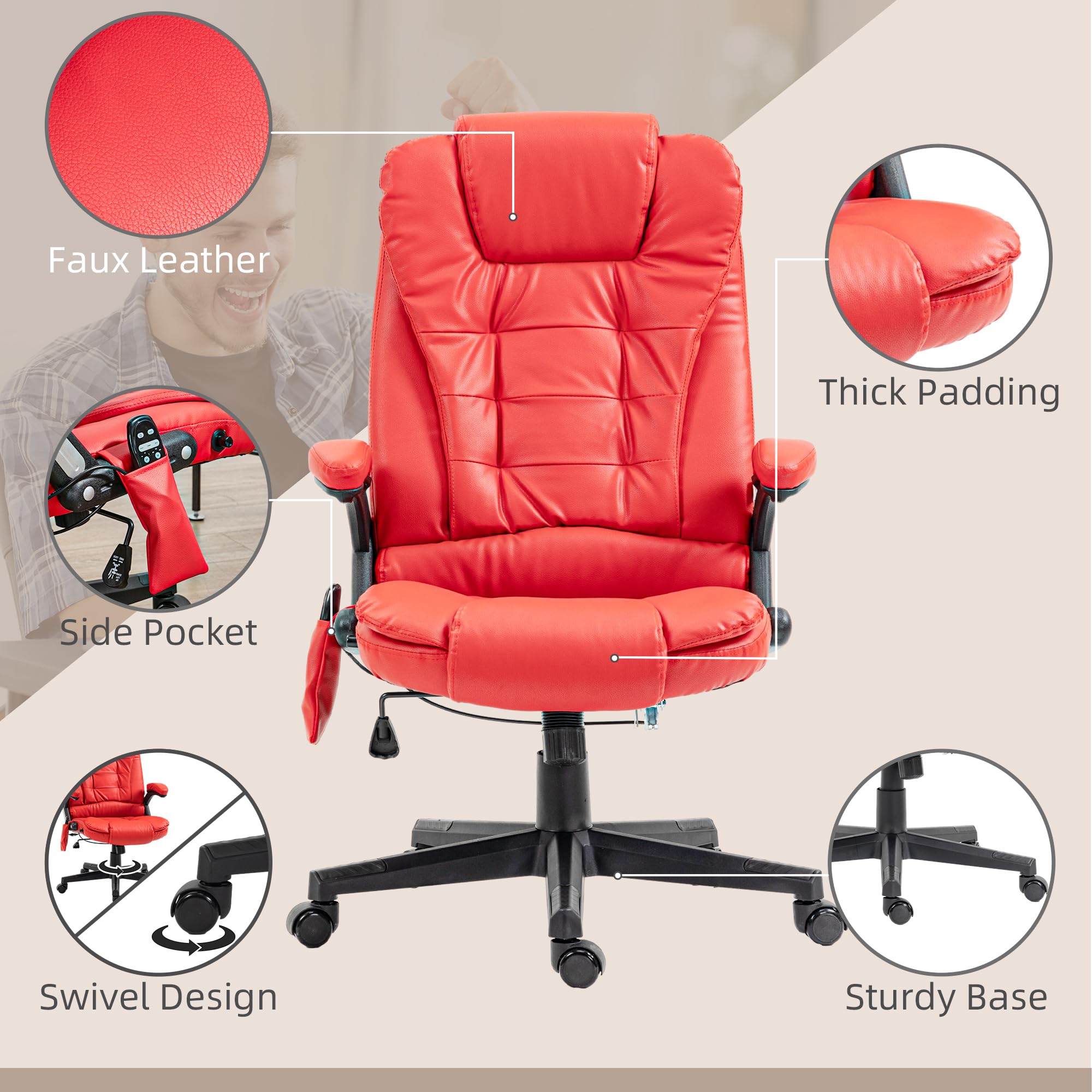 HOMCOM High Back Vibration Massage Office Chair with 6 Vibration Points, Heated Reclining PU Leather Computer Chair with Armrest and Remote, Brown