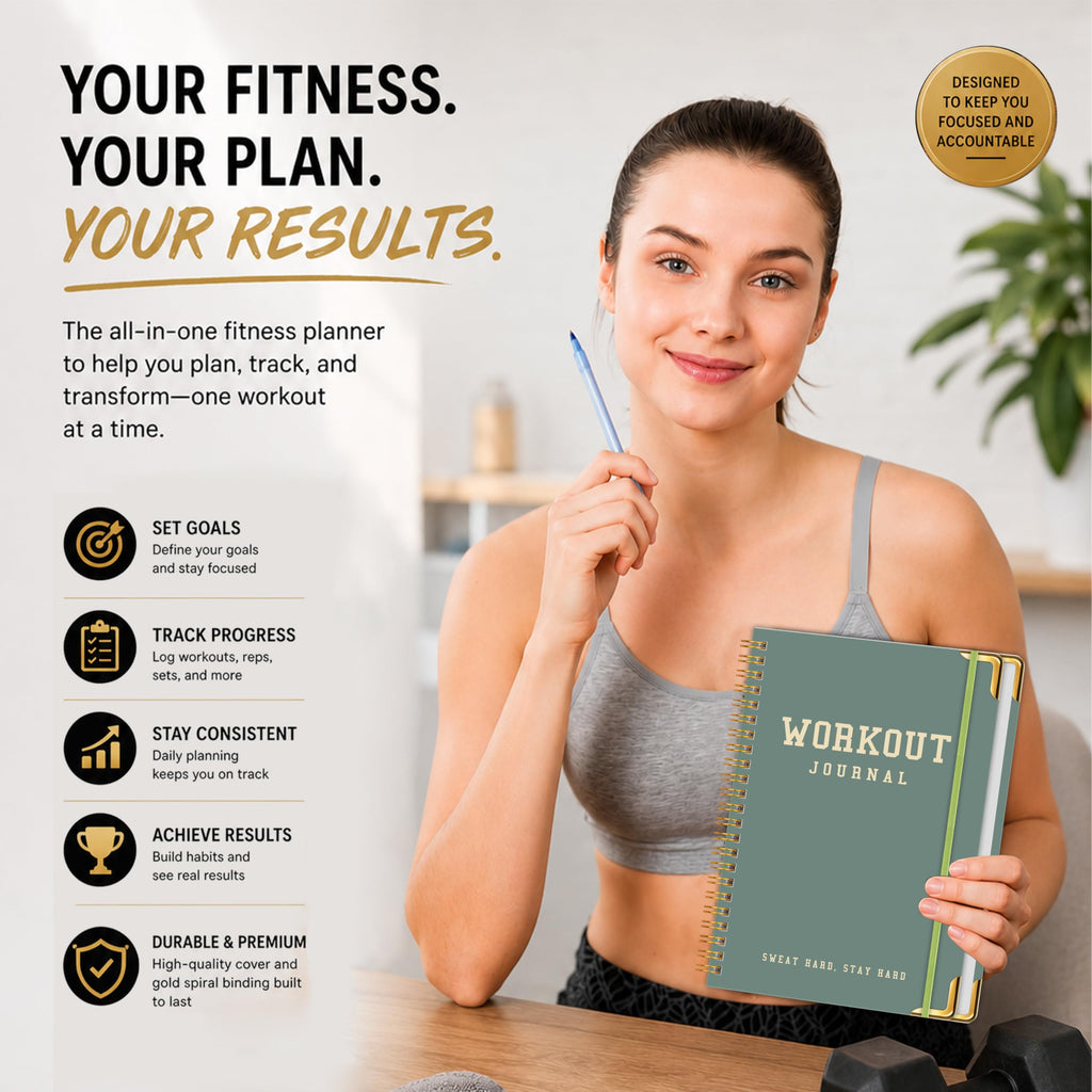 Workout Journal Fitness Tracker Planner for Men & Women, Exercise Log Book to Track Gym & Home Training, Goals, Sets, Reps & Progress, 142 Pages, A5 5.7" x 8.2" Portable Hardcover with Metal Corners, Green