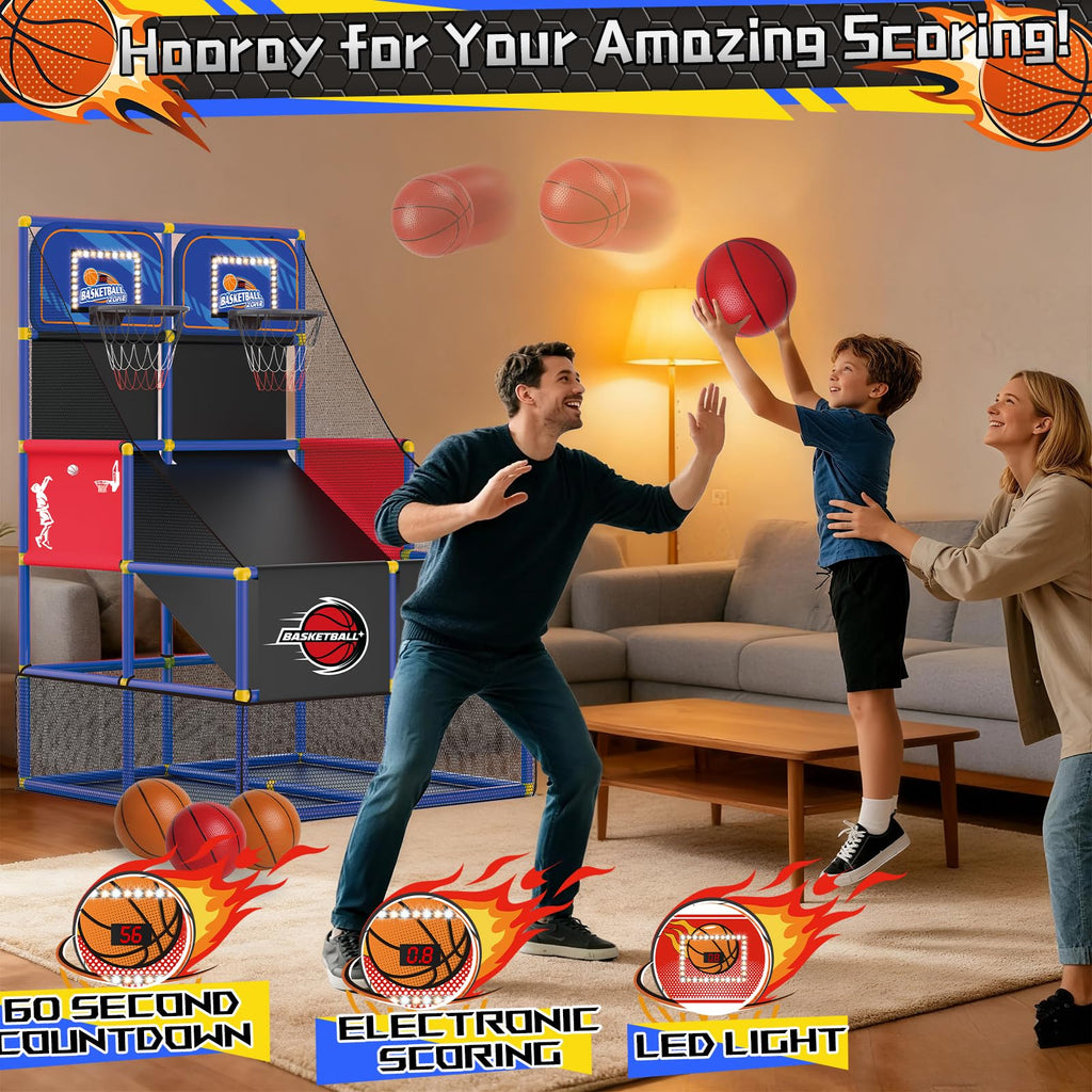 Upgrade Dual Basketball Arcade Game Kids Basketball Hoop with Electronic Scoreboard LED Light 6 Balls Indoor Outdoor Sports Toys Gifts for Boys Girls Ages 3-8 (Red)