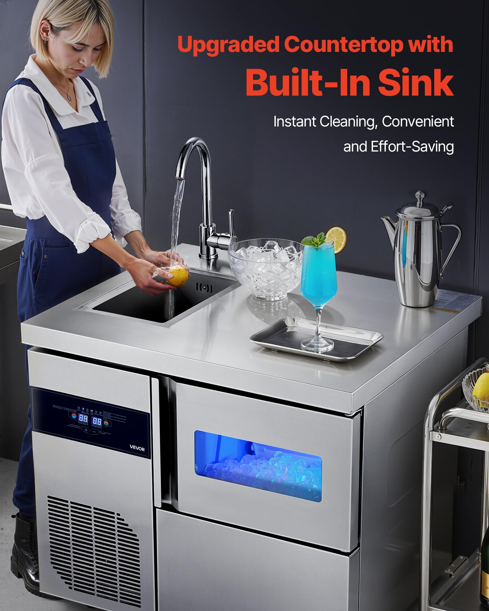 VEVOR Commercial Ice Maker Machine, 330 lbs/24H Stainless Steel Ice Machine with Worktop, 88 lbs Storage & 144 Cubes/Cycle, Self-Cleaning Freestanding Ice-Making for Home Bar Office Restaurant Kitchen
