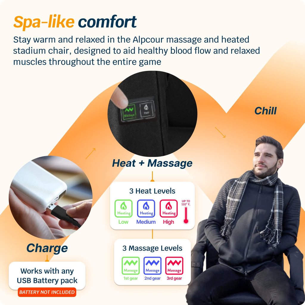 Alpcour Heating Massage Stadium Seat – Deluxe Reclining Bleacher Chair with Back & Arm Support – Built-in Heater and Massager - Extra Thick, Lightweight and Waterproof with Detachable Pockets