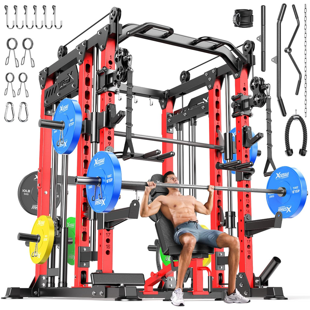 Smith Machine with Cable Crossover System, Multi-Function Power Cage Squat Rack for Home Gym, Power Rack and Packages Weight Sets.