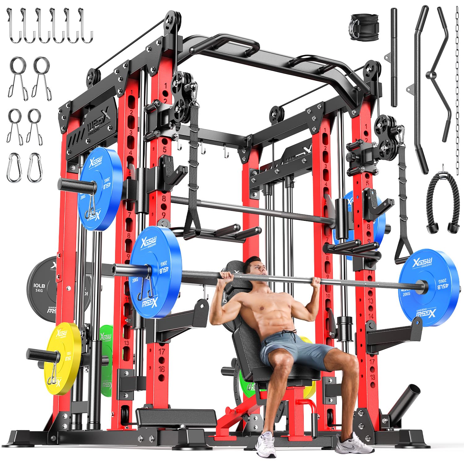 Smith Machine with Cable Crossover System, Multi-Function Power Cage Squat Rack for Home Gym, Power Rack and Packages Weight Sets.