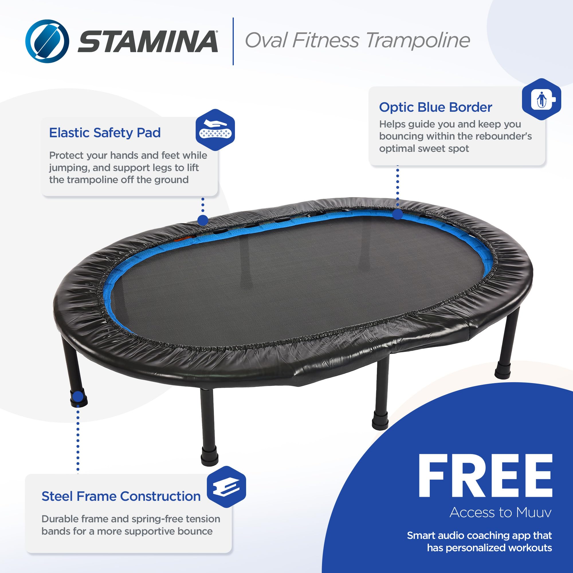 Stamina Folding Trampoline with Smart Workout App, Black - Portable Fitness Rebounder for Home Gym, Cardio & Strength Training, Jumping Exercise Equipment