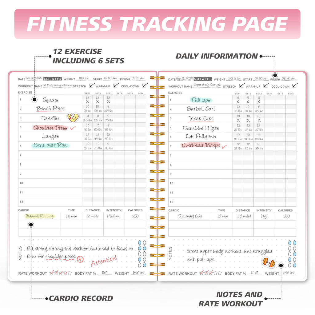 Workout Journal Fitness Tracker Planner for Men & Women, Exercise Log Book to Track Gym & Home Training, Goals, Sets, Reps & Progress, 142 Pages, A5 5.7" x 8.2" Portable Hardcover with Metal Corners, Green