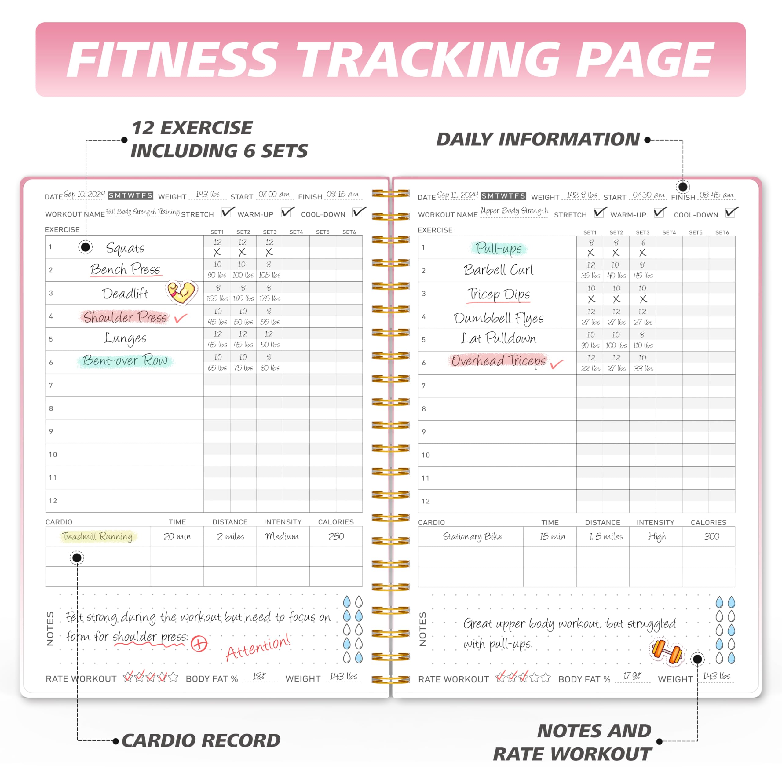Workout Journal Fitness Tracker Planner for Men & Women, Exercise Log Book to Track Gym & Home Training, Goals, Sets, Reps & Progress, 142 Pages, A5 5.7" x 8.2" Portable Hardcover with Metal Corners, Green