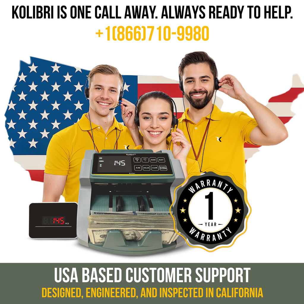 KOLIBRI Money Counter Machine I LCD Display I Business Grade I Dollar, Euro I Advanced UV/MG/IR/DD/HLF Detection I Single Denomination Value Count I 1,500 Notes/Min I 1-Year Warranty I KOLIBRI UV/MG