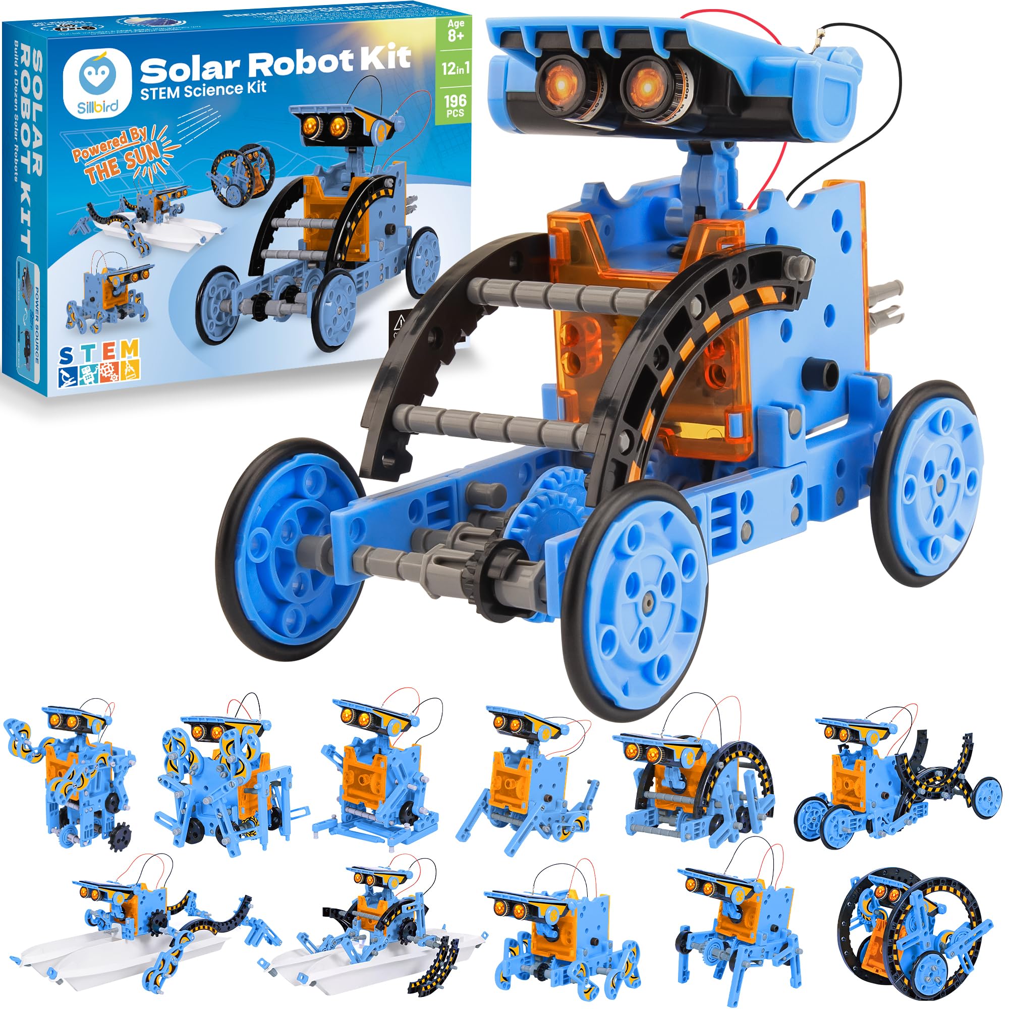 Sillbird 12-in-1 Solar Robot Building Kit STEM Gift for Boys Aged 8-13, DIY Science Educational Robotic Toys for Kids Teens Birthday, Powered by the Sun with 190 Pieces