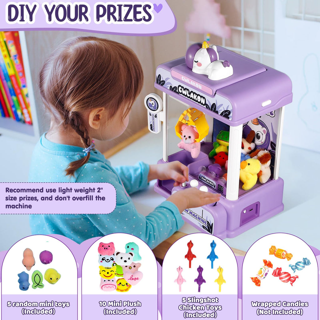 CWLAKON Claw Machine for Kids, Mini Vending Machine Unicorns Toys with Sound for Girls Age 3+, Candy Grabber Prize Dispenser Machine Arcade Games with Mini Plush Toys, Christmas Birthday Gifts