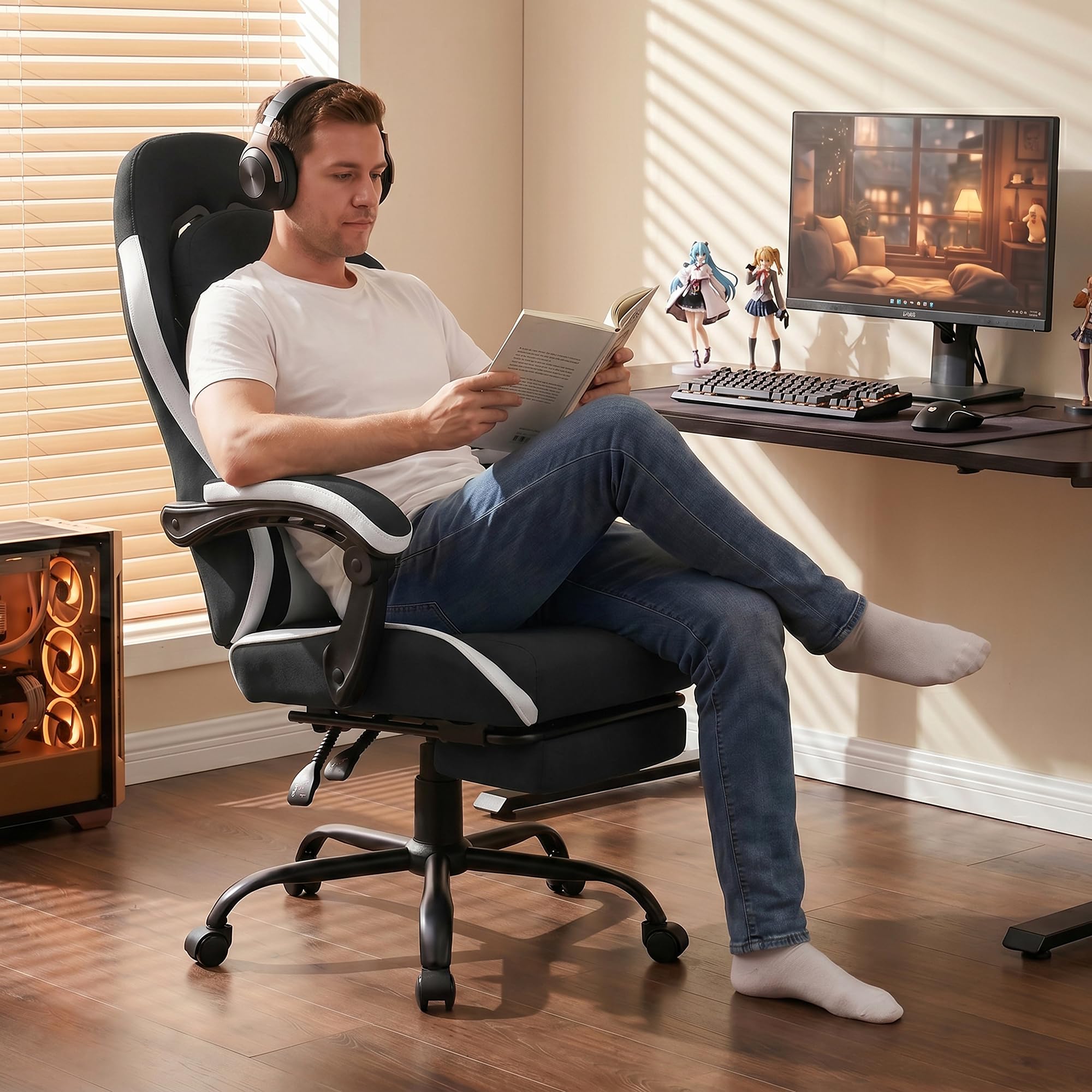 Shintenchi Big and Tall Gaming Chair Fabric Pocket Spring Cushion,High Back Recliner with Footrest and Headrest for Adults, Massage Lumbar Support for Home Office, Ergonomic Computer Desk Chair, Blue