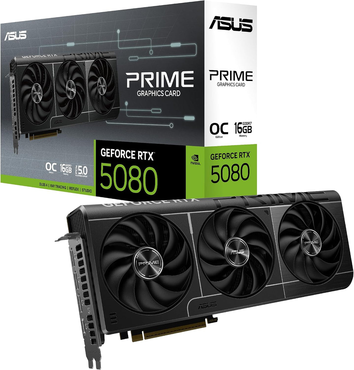 ASUS Prime GeForce RTX 5080 EVO 16GB GDDR7 OC Edition Gaming Graphics Card | Nvidia GeForce RTX5080, SFF-Ready, Dual BIOS Switch, PCIe 5.0, 1x HDMI 2.1b, 3x DisplayPort 2.1a