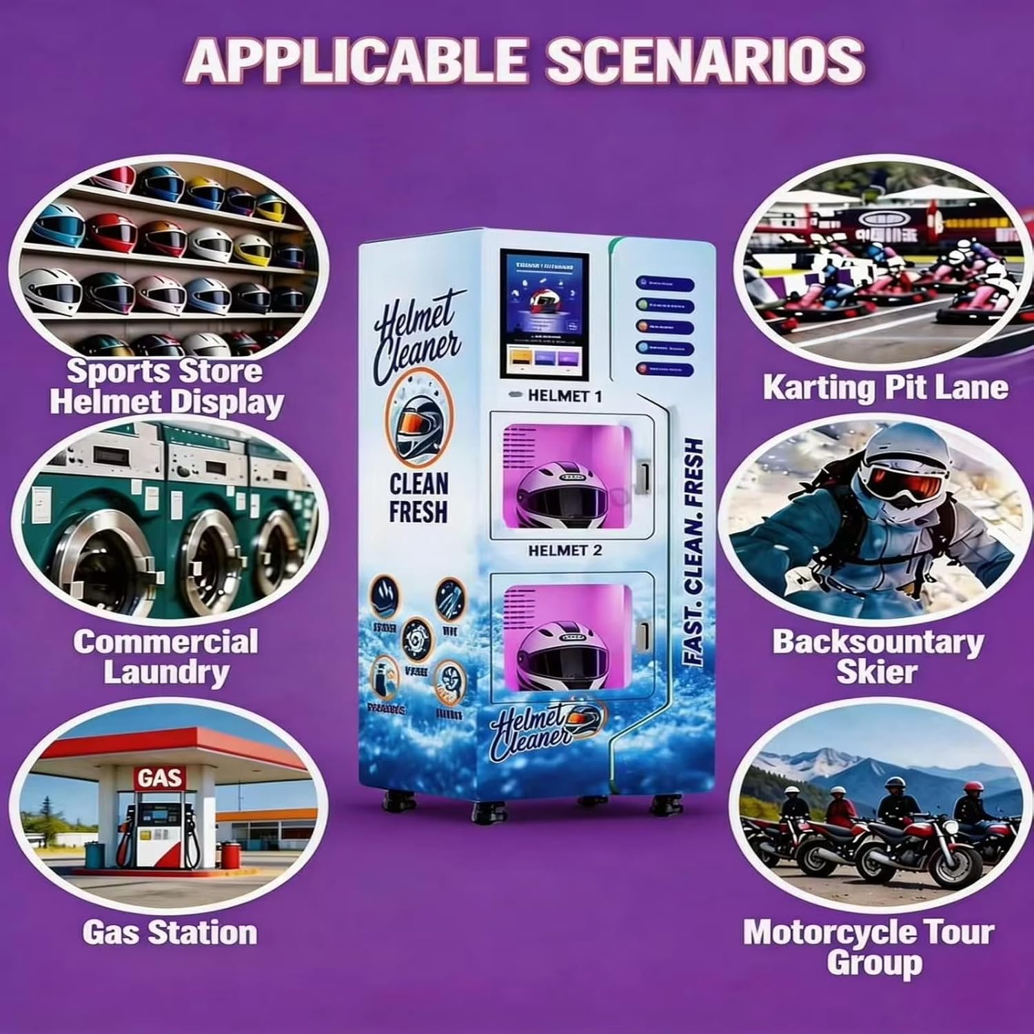 Helmet Cleaning Vending Machine, Dual-Tank Fully Automatic Helmet Cleaning Machine, Large Touch Screen, Multi-Language Voice prompts; Supports Multiple Payment Channels.