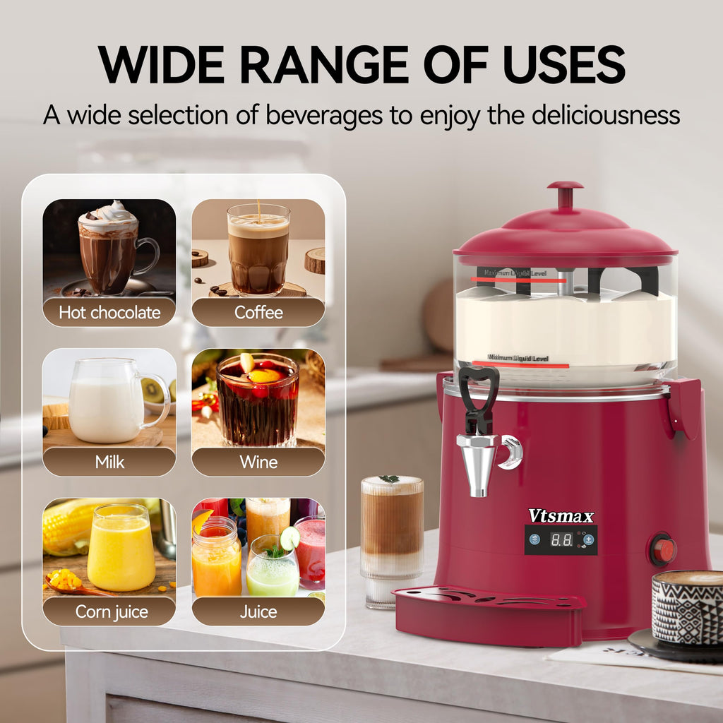10L/2.6Gal Hot Chocolate Machine, Commercial Hot Drink Dispenser, 86–194°F Temperature Control Beverage Warmer with Stainless Steel Spout, Removable PC Bowl for Cocoa, Milk, Coffee, Red