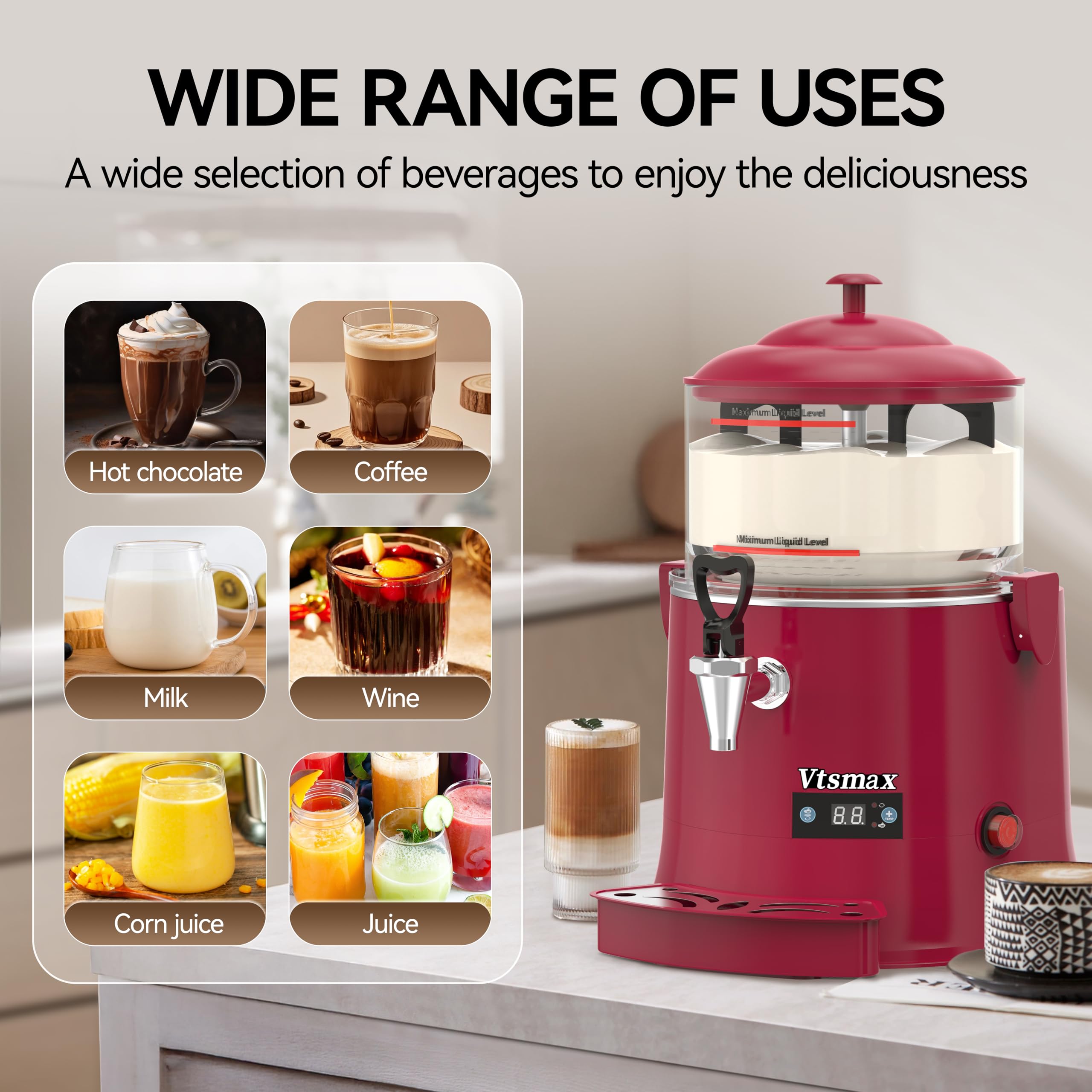 10L/2.6Gal Hot Chocolate Machine, Commercial Hot Drink Dispenser, 86–194°F Temperature Control Beverage Warmer with Stainless Steel Spout, Removable PC Bowl for Cocoa, Milk, Coffee, Red