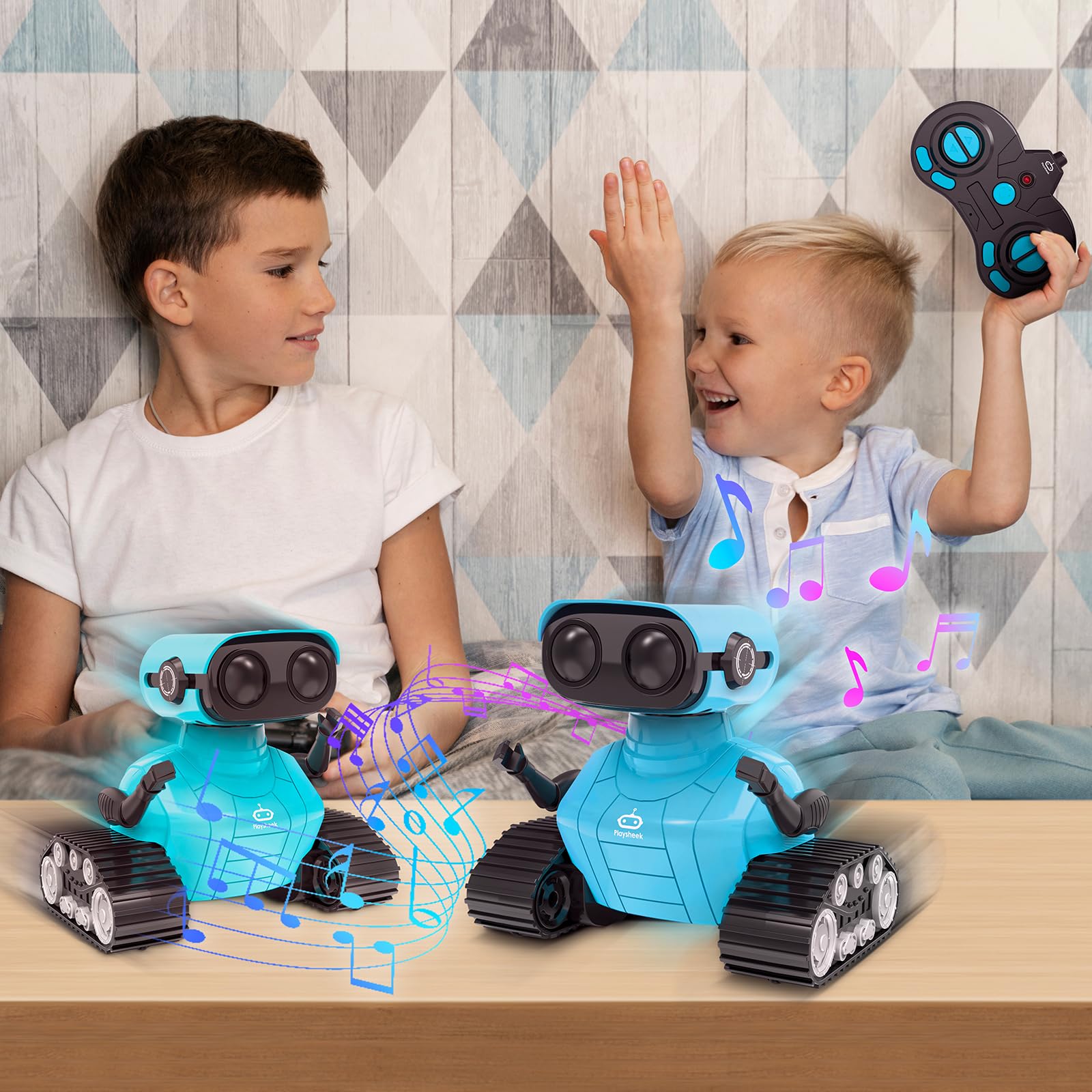 Playsheek Rechargeable Emo Robot with Auto-Demonstration - Remote Control Smart Robot Toy Gift for Kids Age 3+ - Purple