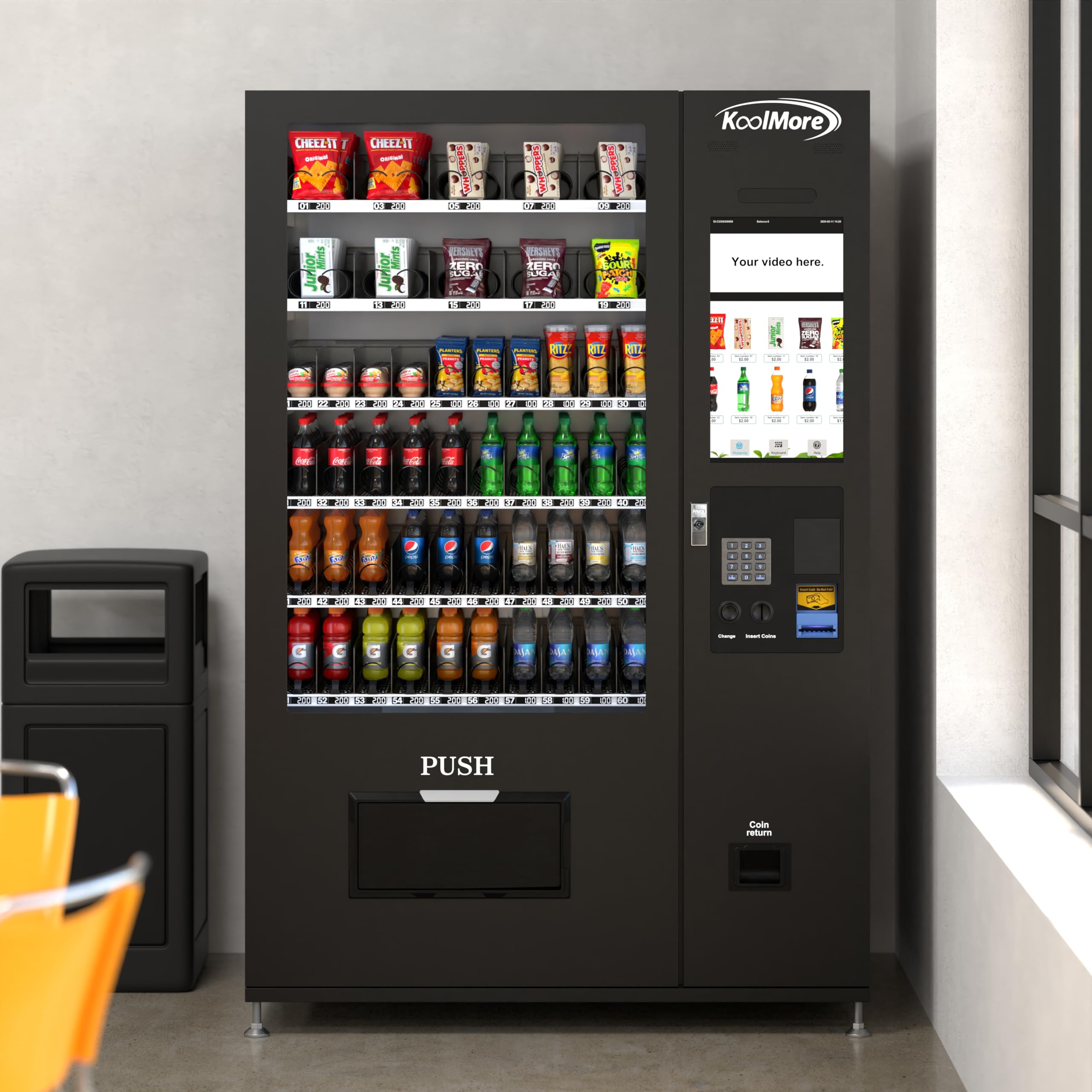 KoolMore Refrigerated Snack Vending Machine with 36 Slots Featuring a Credit Card Reader and Coin/Bill Acceptor in Black (KM-VMR-30-BCR)