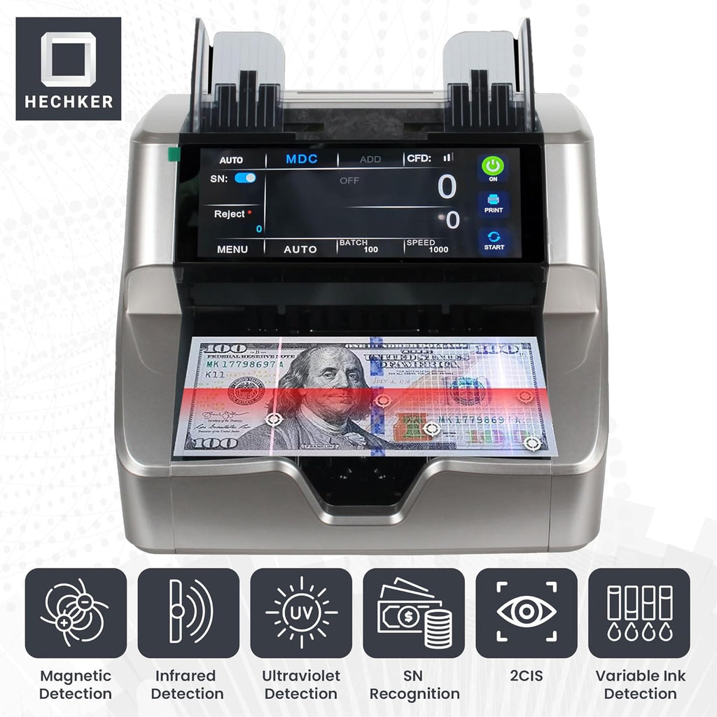 10000 Plus Bank Grade Money Counter Machine – Mixed Denomination Bill Counter with Touch Screen, 2 CIS, UV/MG/IR/MT Detection, Serial Number Reader & External Display, 1500 Bills/Min