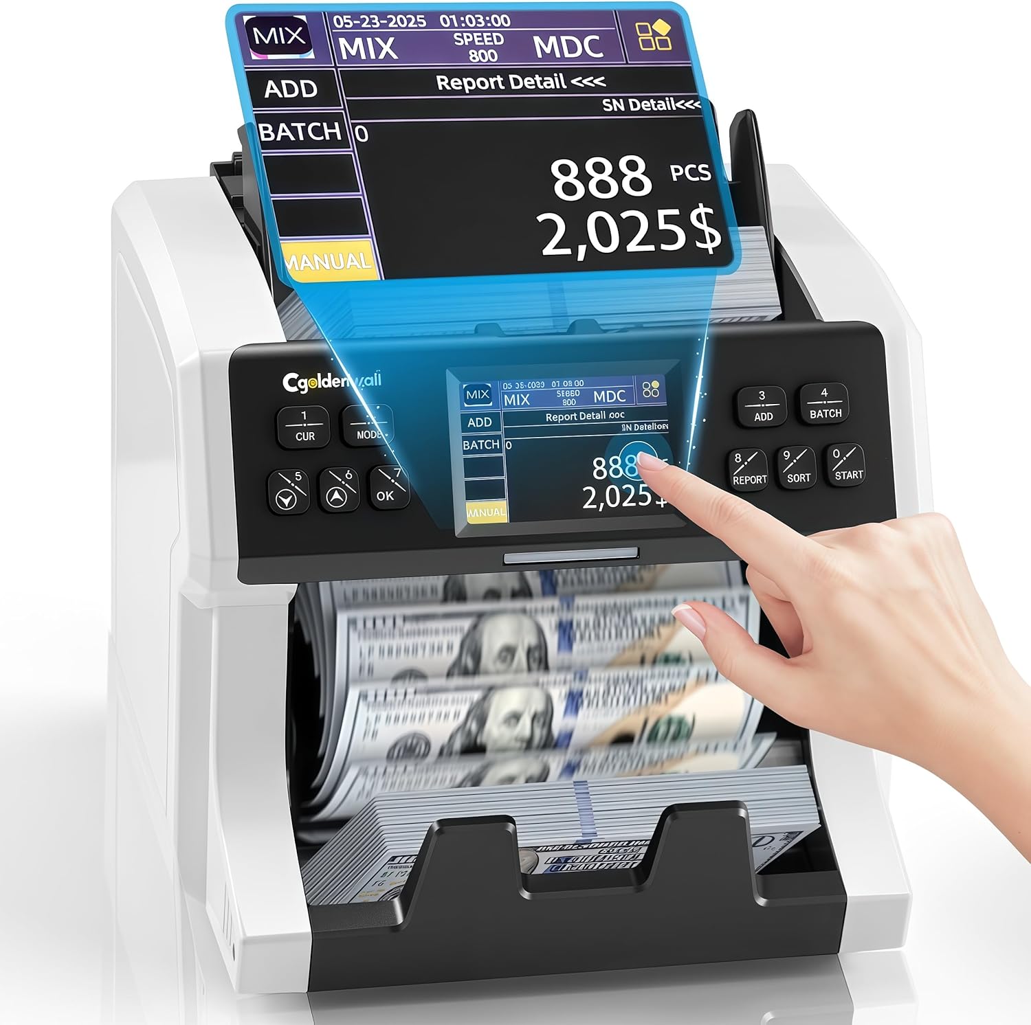 CGOLDENWALL Money Counter Machine Mixed Denomination,Bank Grade Cash Counter 2CIS/UV/IR/MG Counterfeit Detection,Serial Number,MUL Currency Value Counting, Sort&Printer Compatible Bill Counter,1500N/M