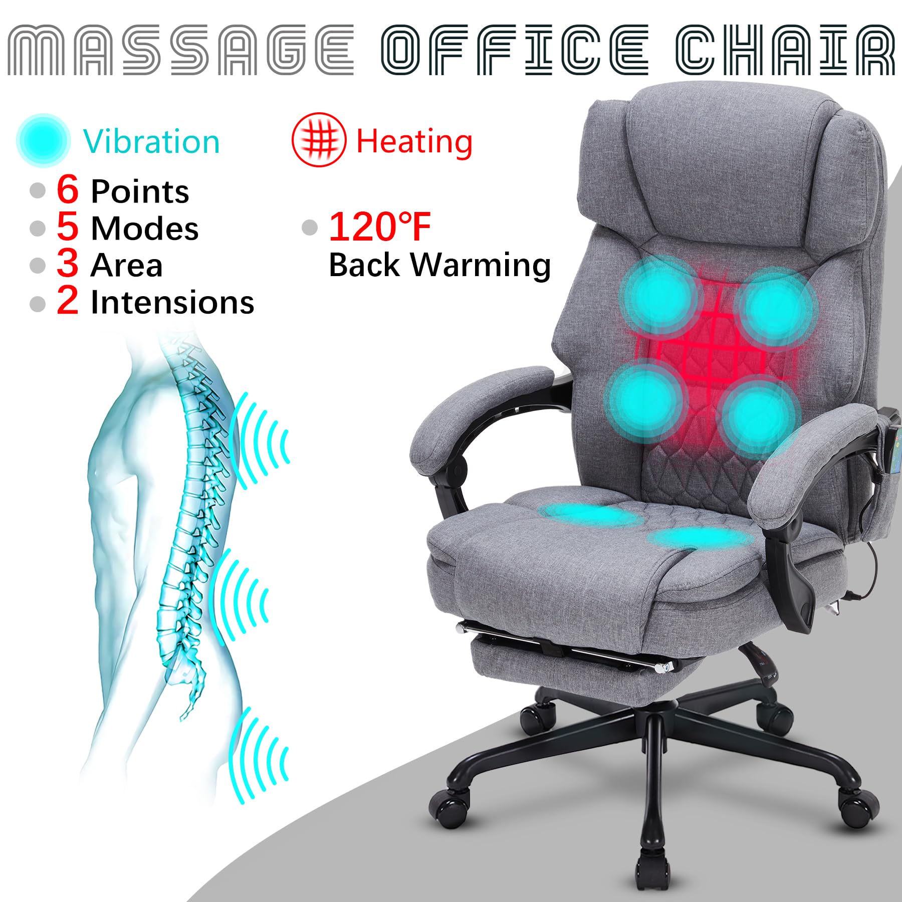 Massage Office Chair with Foot Rest 6 Points Vibration and Heat Home Office Desk Chairs for Heavy People 400lbs Reclining Managerial Chairs Ergonomic Executive Chair (Black)