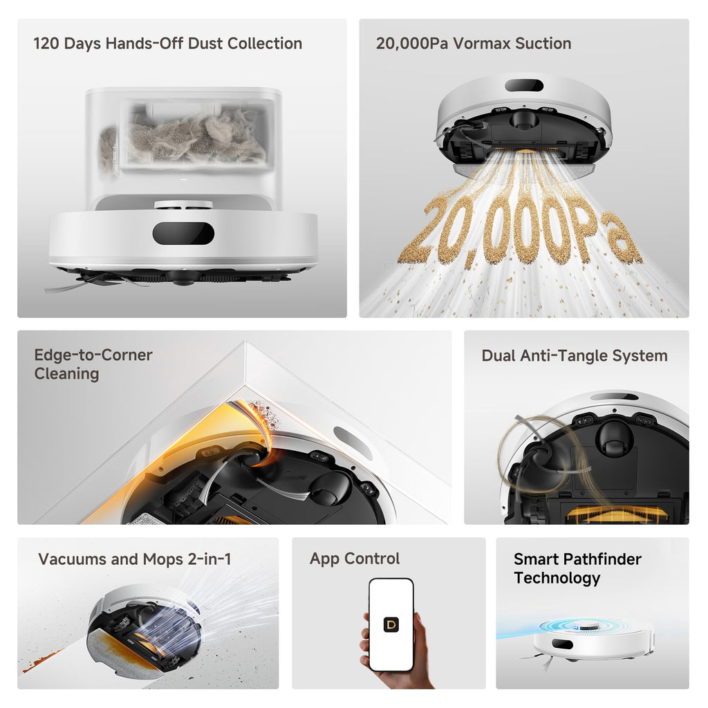 DREAME D20 Air Plus Robot Vac and Mop Combo with 20,000Pa Suction, Anti-Tangling Tech, Auto-Emptying Dock, Deep Carpet Cleaning and Smart Navigation White