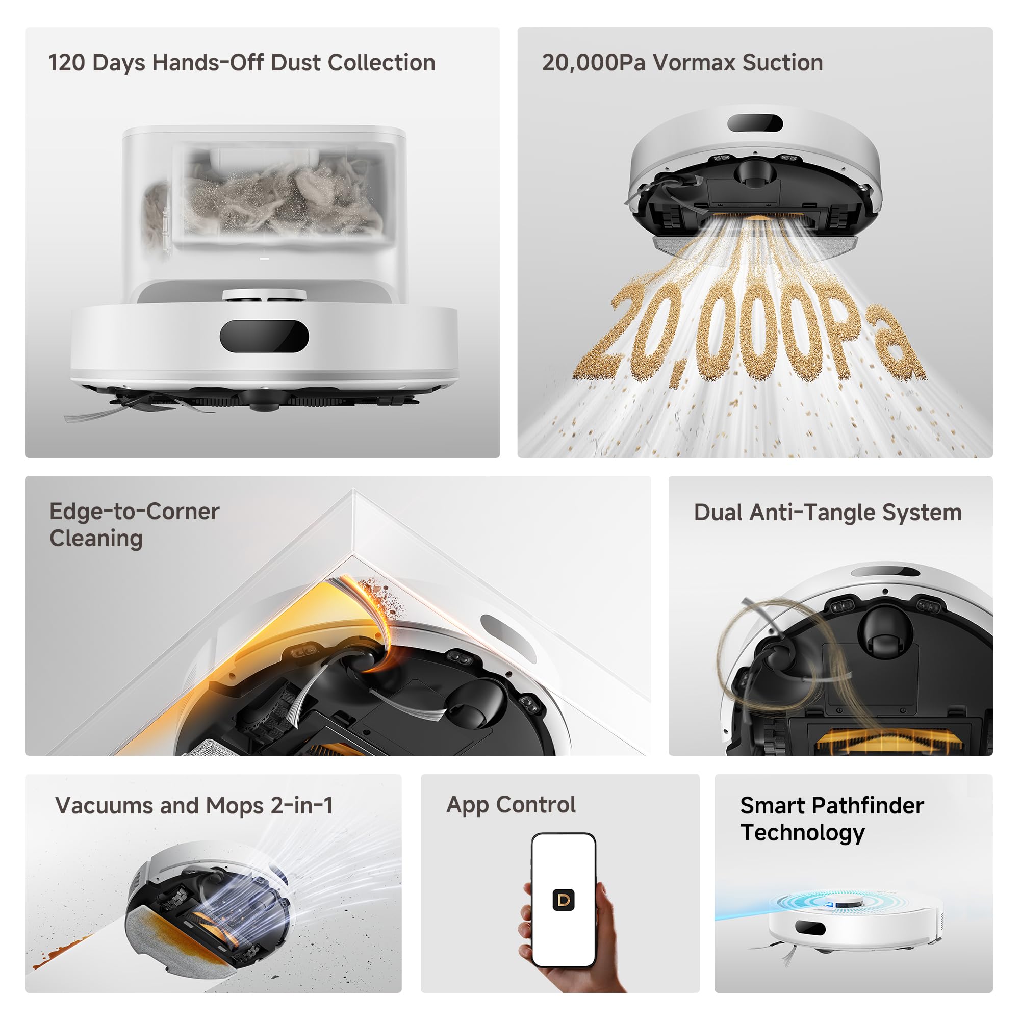 DREAME D20 Air Plus Robot Vac and Mop Combo with 20,000Pa Suction, Anti-Tangling Tech, Auto-Emptying Dock, Deep Carpet Cleaning and Smart Navigation White