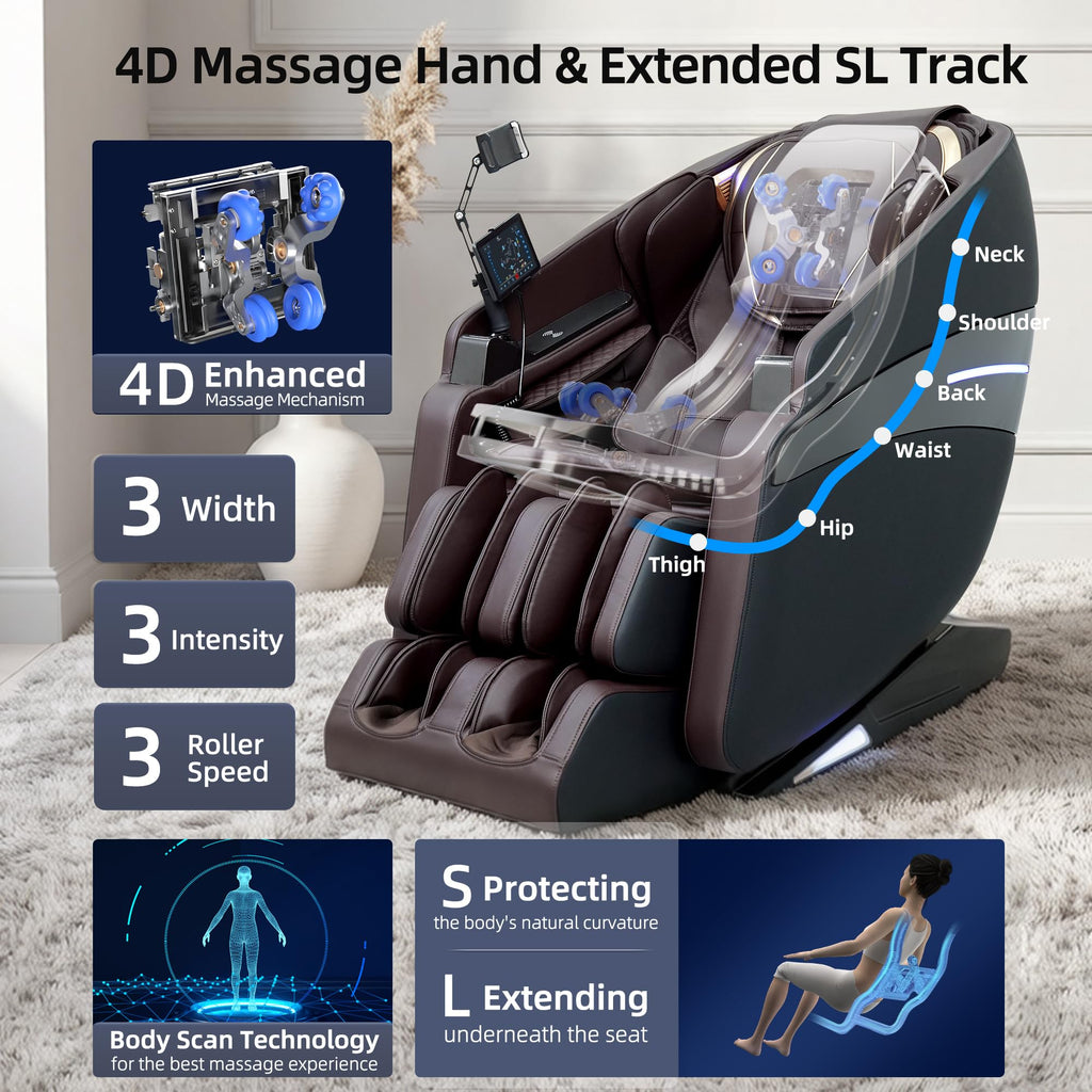 4D Massage Chairs Full Body Recliner with Heat Zero Gravity 57'' SL Track Shiatsu Massage Chair for Home Office with AI Voice, 7" Touch Screen, Wireless Charging,Neck & Shoulder Relief
