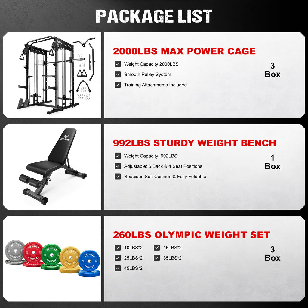 JELENS M21 Smith Machine, Multi-Function Power Cage with Dual Pulley Cable Crossover System, 2000LBS All-in-One Squat Rack with Smith Bar and Attachments for Home Gym