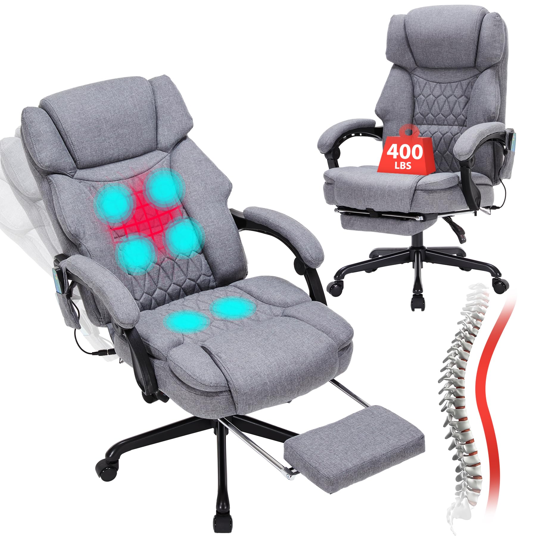 Massage Office Chair with Foot Rest 6 Points Vibration and Heat Home Office Desk Chairs for Heavy People 400lbs Reclining Managerial Chairs Ergonomic Executive Chair (Black)