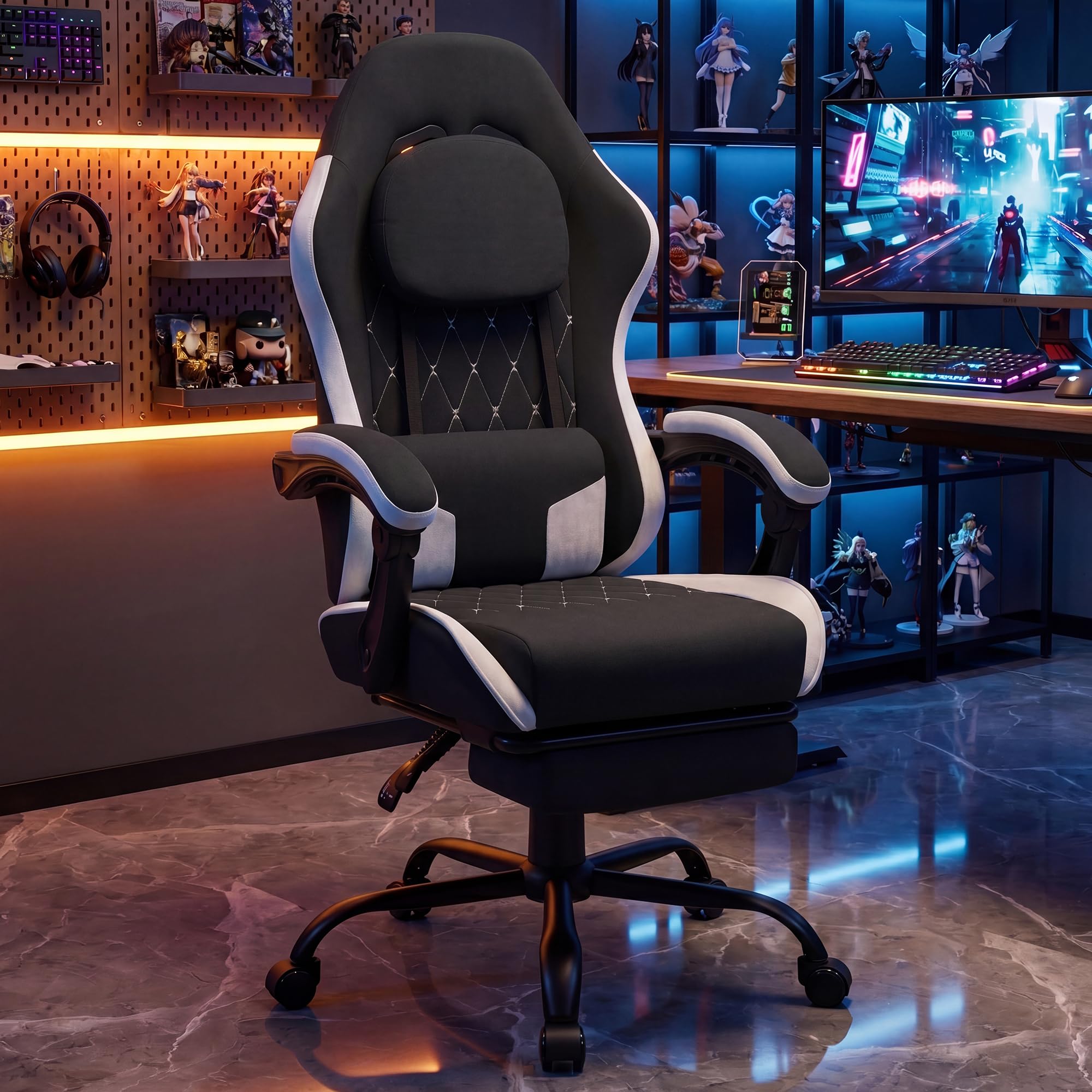 Shintenchi Big and Tall Gaming Chair Fabric Pocket Spring Cushion,High Back Recliner with Footrest and Headrest for Adults, Massage Lumbar Support for Home Office, Ergonomic Computer Desk Chair, Blue
