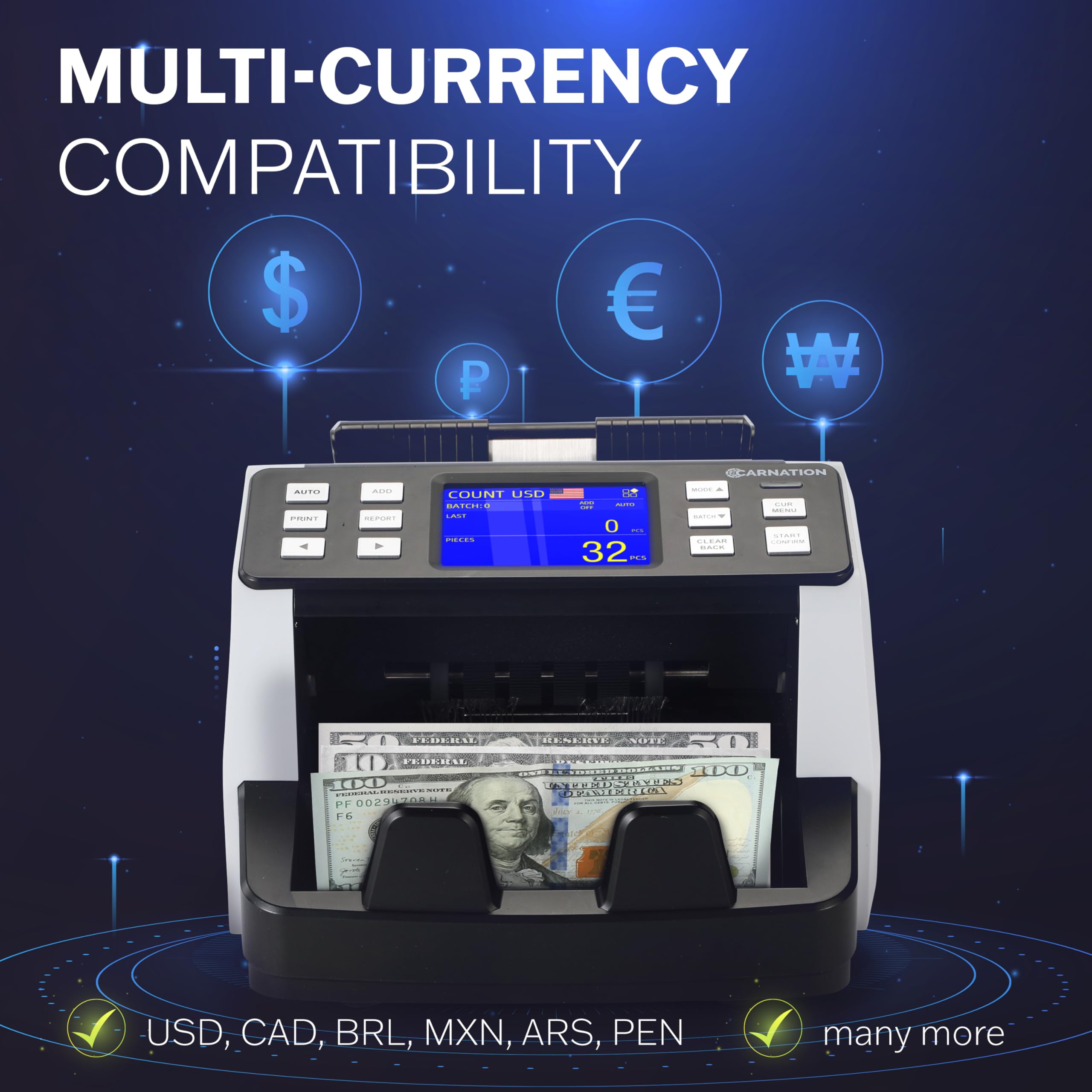 Carnation Money Counter Machine Cash Counting & Mixed Denomination Bill Counter, Portable Currency Detector, Counterfeit Bank Scanner, Dollar Sorter for Commercial, 1100 N/M, UV/MG/MT/IR/2CIS