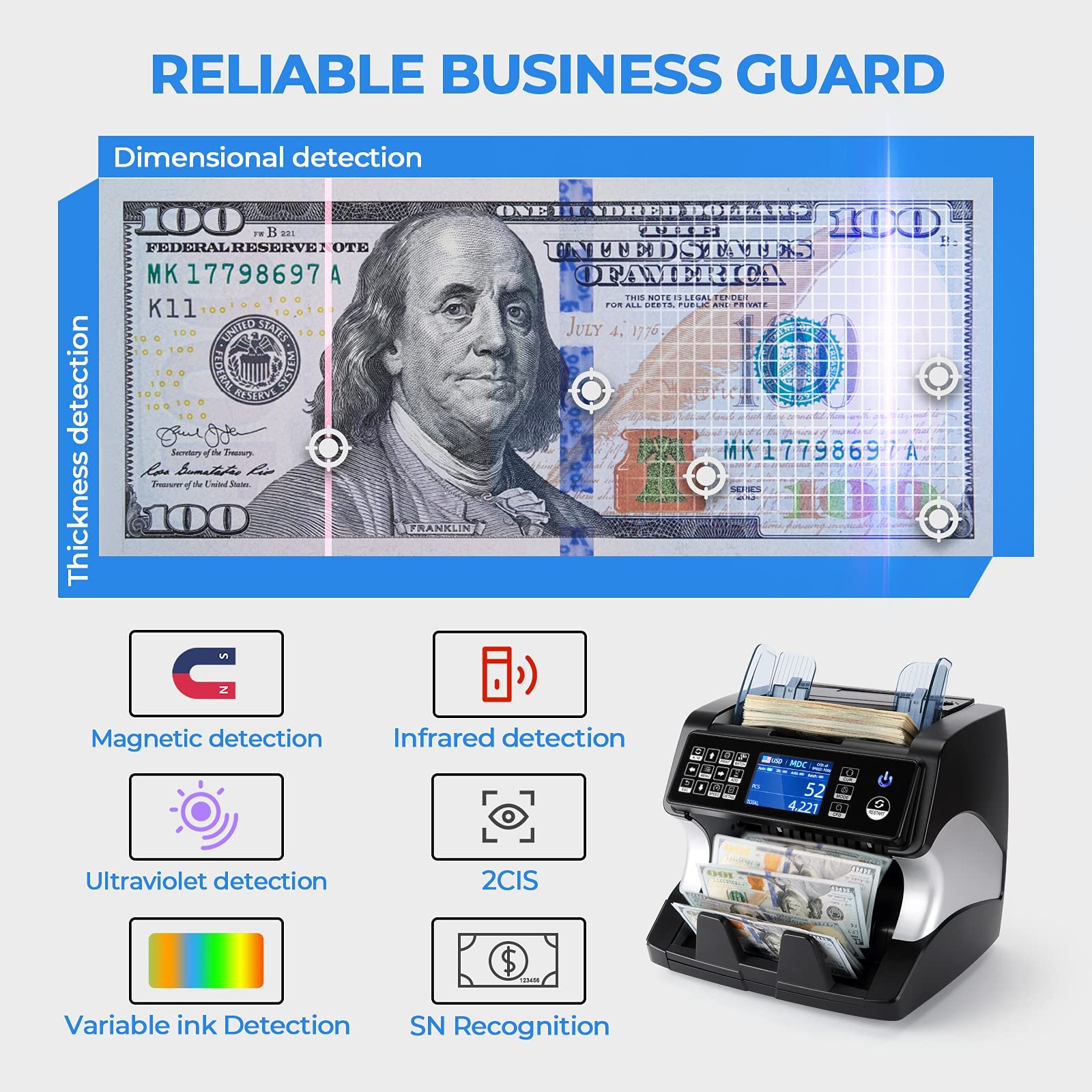 MUNBYN IMC01 Bank Grade Money Counter Machine Mixed Denomination, 2CIS/UV/IR/MG/MT Counterfeit Detection, Serial Number, MUL Currency Cash Counter, Printer Compatible, 2Y Warranty (White)