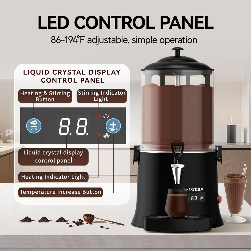 10L/2.6Gal Hot Chocolate Machine, Commercial Hot Drink Dispenser, 86–194°F Temperature Control Beverage Warmer with Stainless Steel Spout, Removable PC Bowl for Cocoa, Milk, Coffee, Red